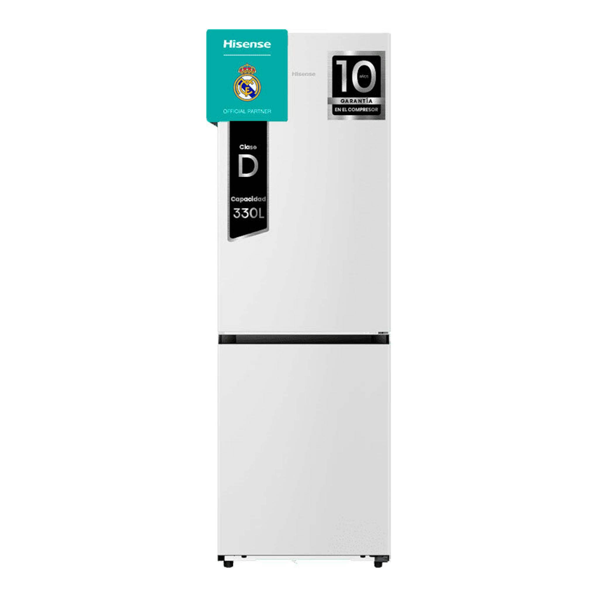 Frigorífico combi Hisense RB3K330SAWD inox, vista frontal, dos puertas, color blanco.