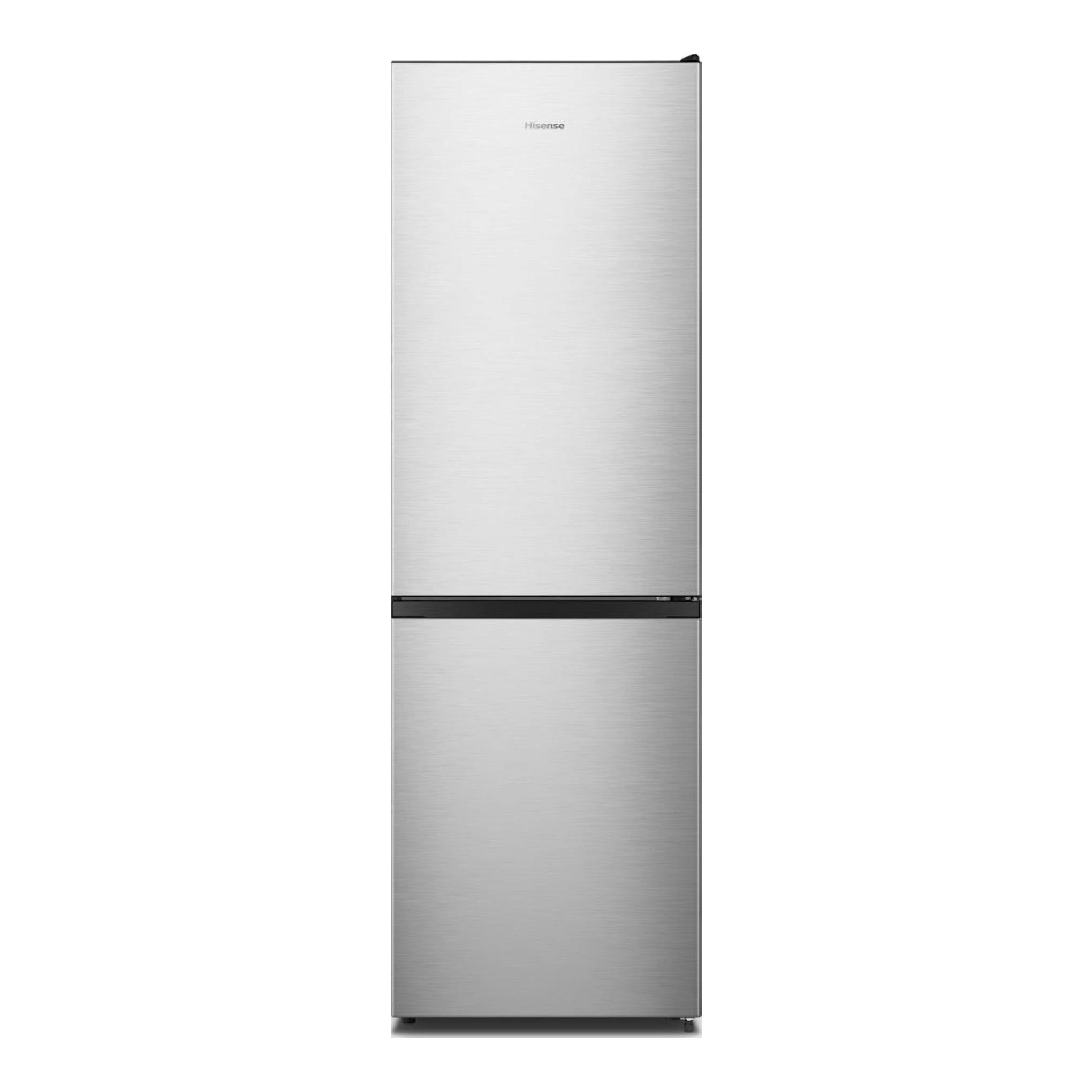 Frigorífico combi Hisense RB3N300NECA plateado, vista frontal, con dos puertas y acabado metálico.