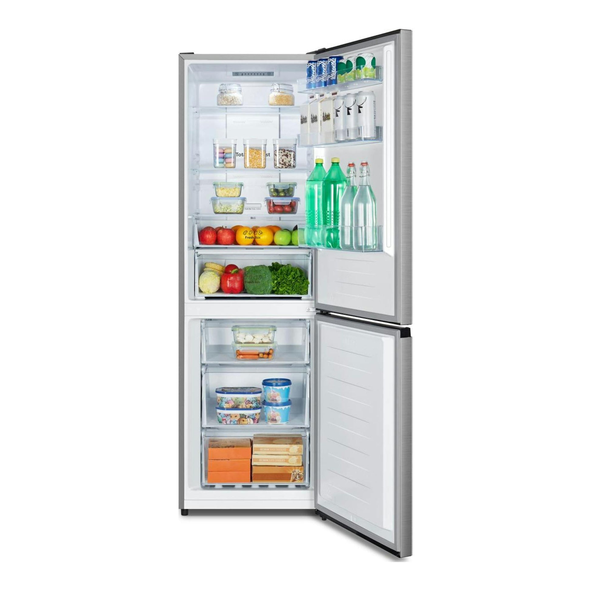 Frigorífico combi Hisense RB3N300NECA, vista frontal con puertas abiertas, acabado inox e interior blanco.
