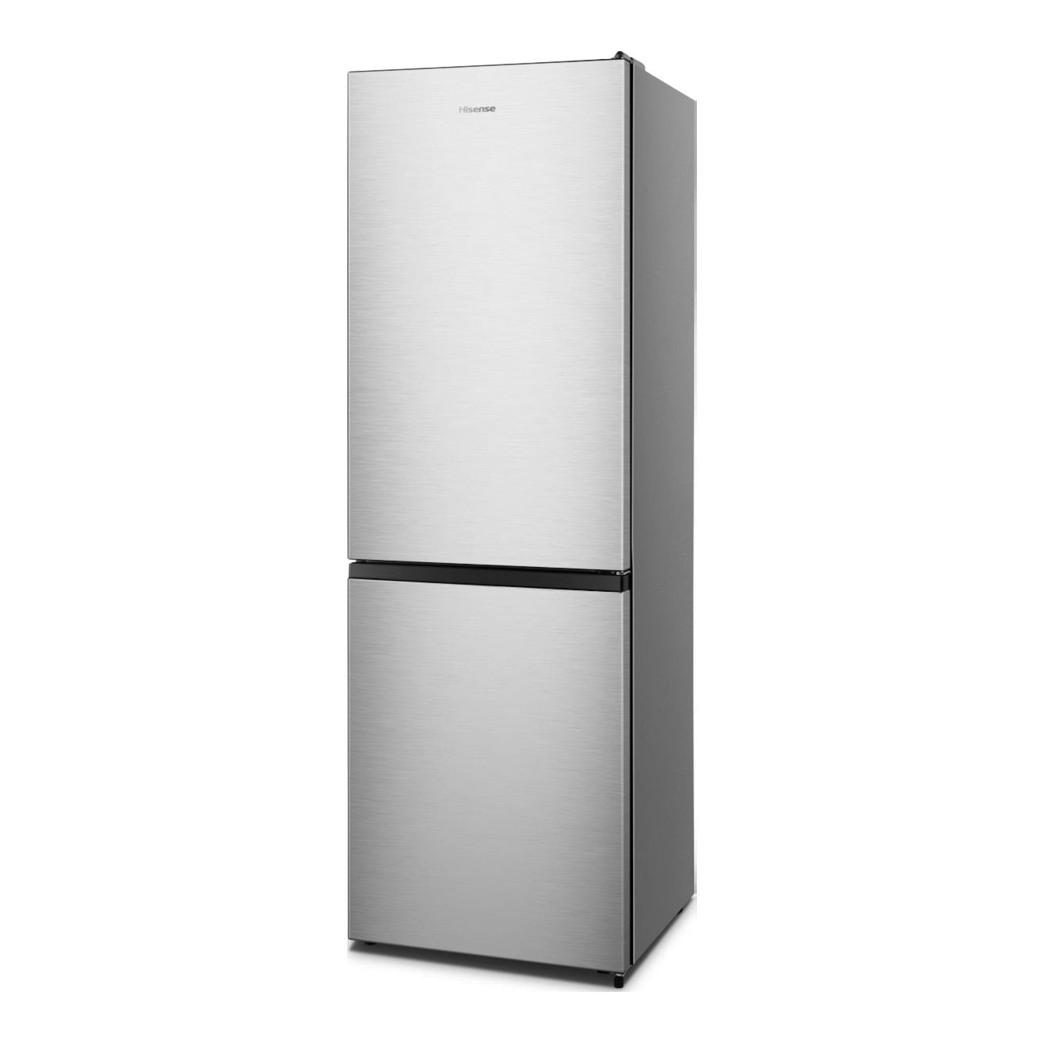 Frigorífico combi Hisense RB3N300NECA, acero inoxidable, vista frontal en ángulo, dos puertas.