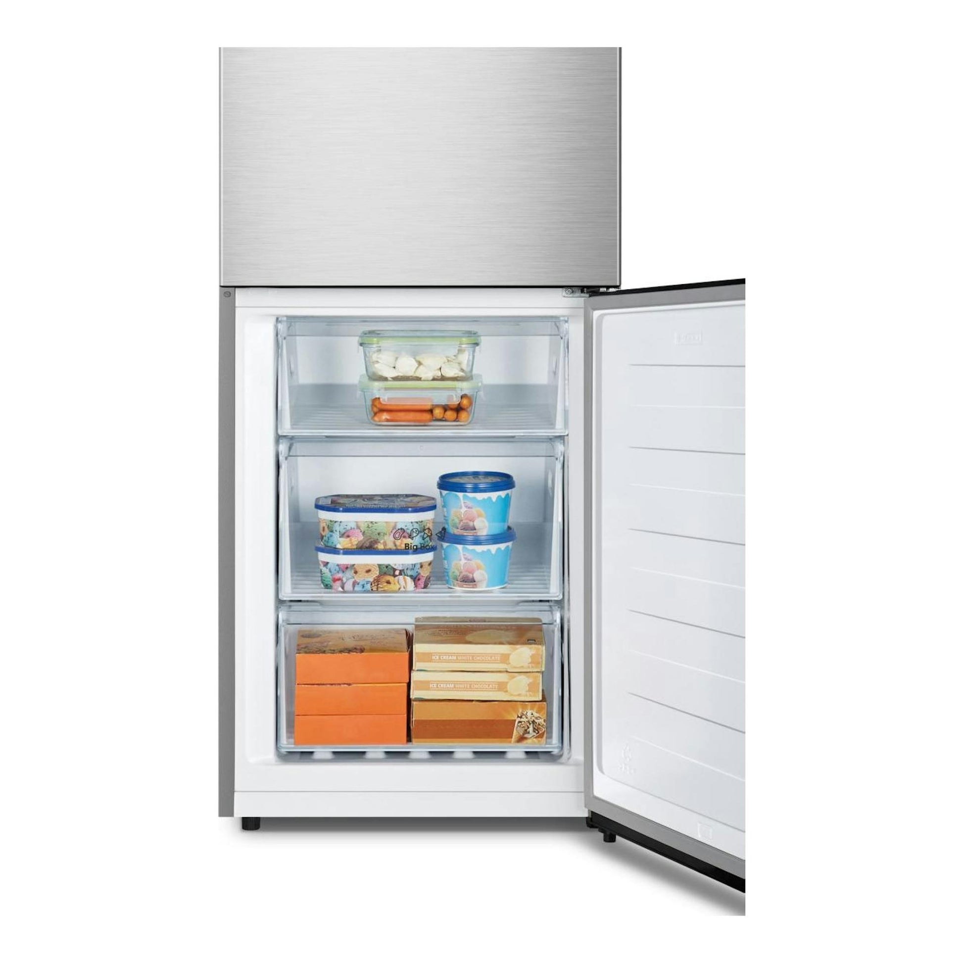 Frigorífico combi Hisense RB3N300NECA de acero inoxidable, con puerta abierta y cajones del congelador.