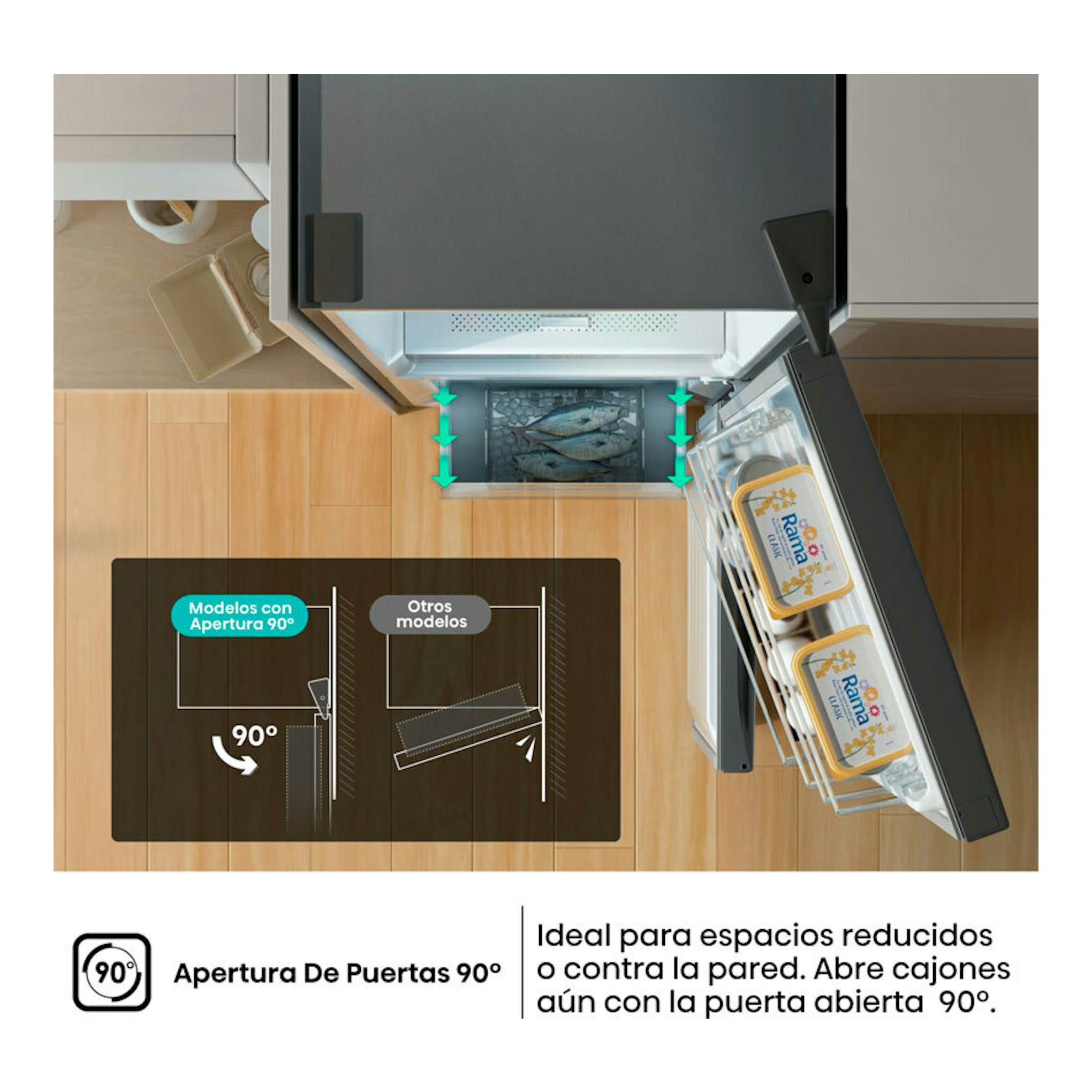 Frigorífico combi Hisense RB440N4ACA inox, vista cenital con puertas abiertas a 90°.