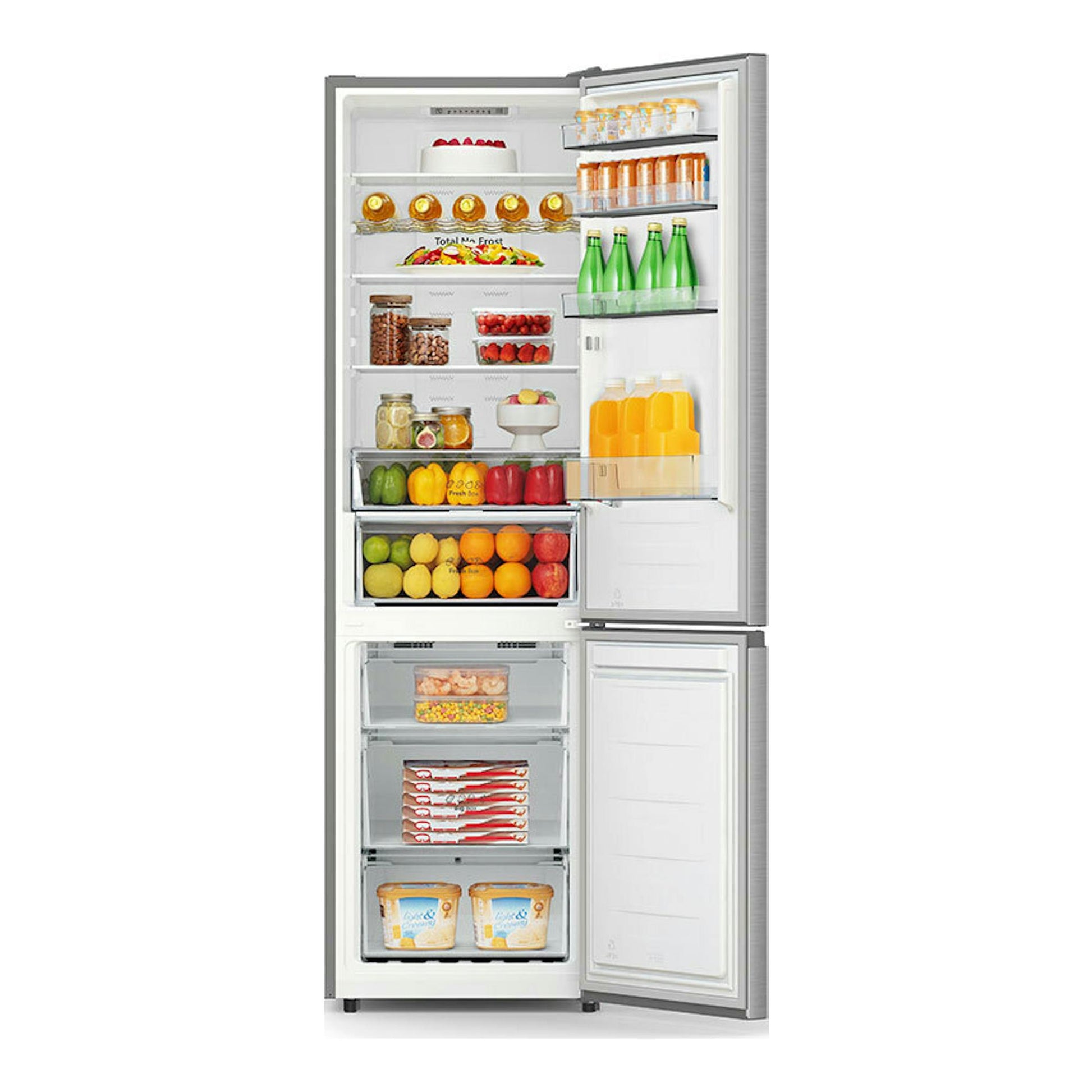 Frigorífico combi Hisense RB440N4ACA inox, vista frontal con puertas abiertas y compartimentos llenos.