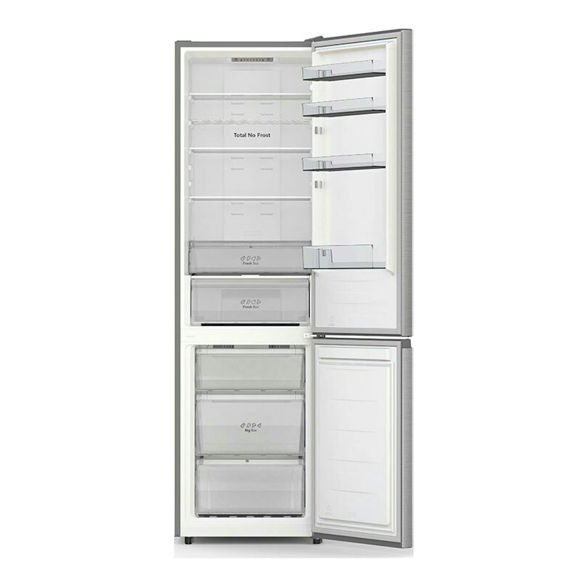 Frigorífico combi Hisense RB440N4ACA inox, vista frontal con puertas abiertas y compartimentos interiores.