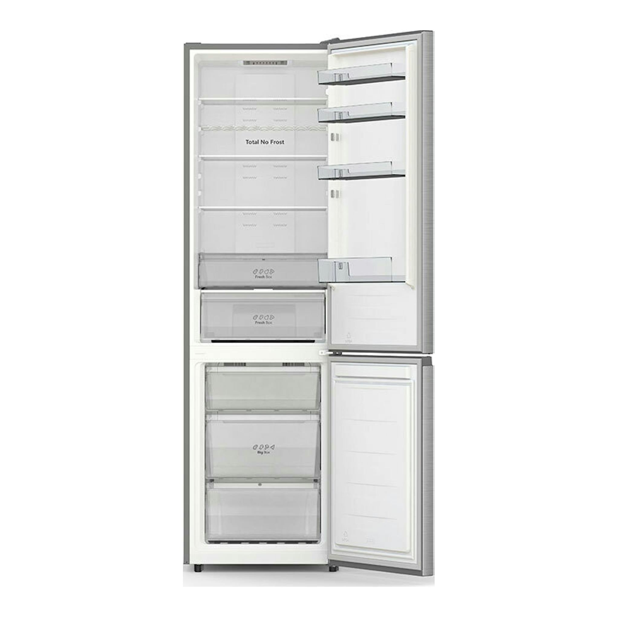 Frigorífico combi Hisense RB440N4ACA inox, vista frontal con puertas abiertas y compartimentos interiores.