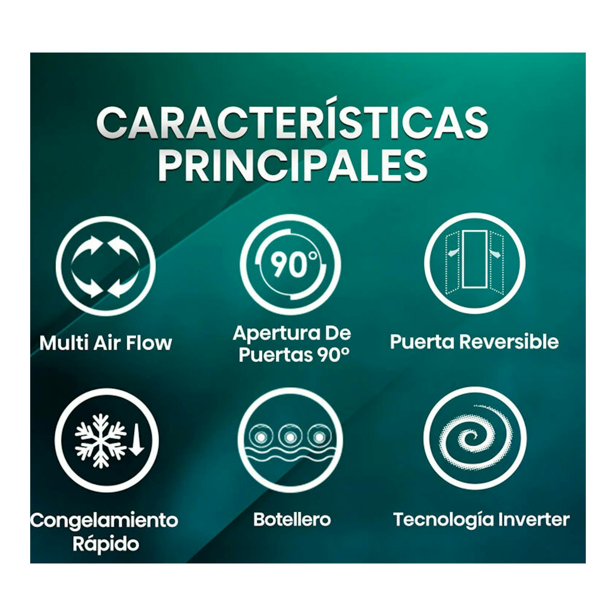 Hisense RB440N4ACA: gráfico de características con iconos de Multi Air Flow, puerta reversible y tecnología Inverter.