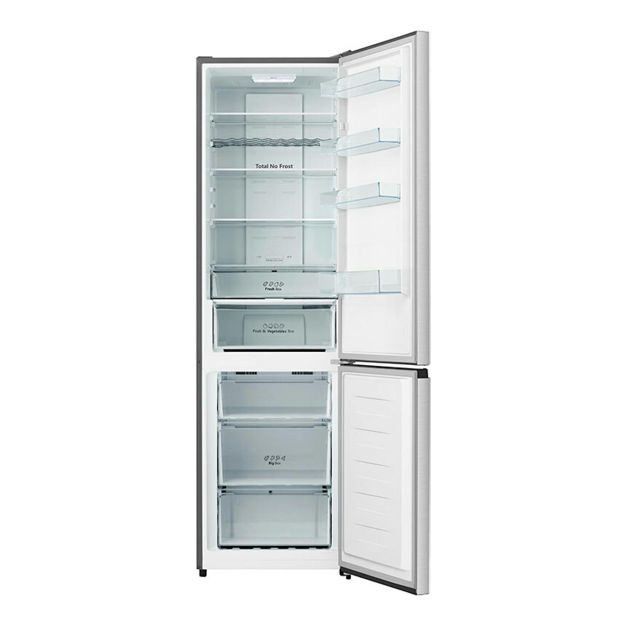 Frigorífico combi Hisense RB440N4ACD inox, vista frontal con puertas abiertas y estantes interiores.