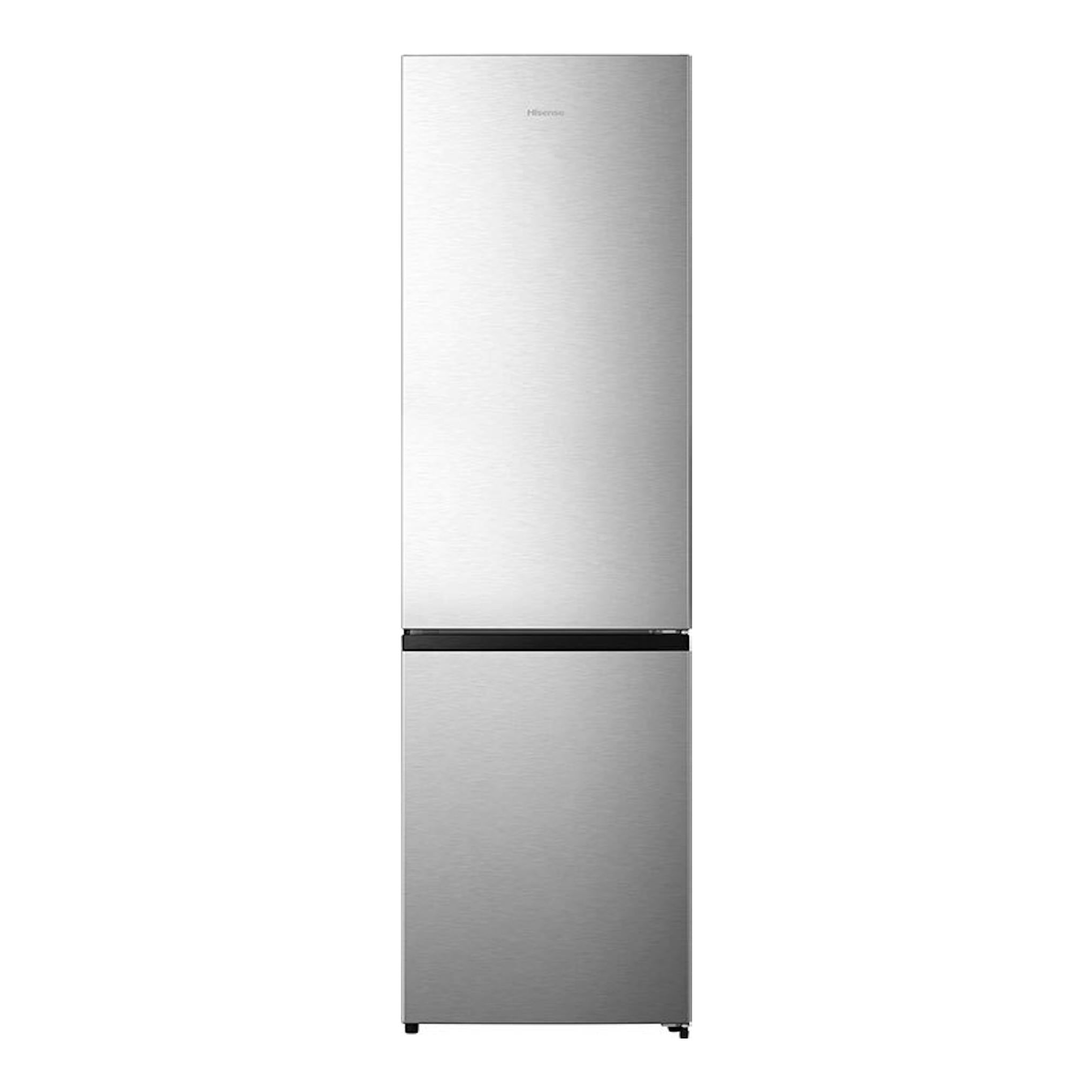 Frigorífico combi Hisense RB440N4BCE inox, vista frontal, acabado metálico plateado.