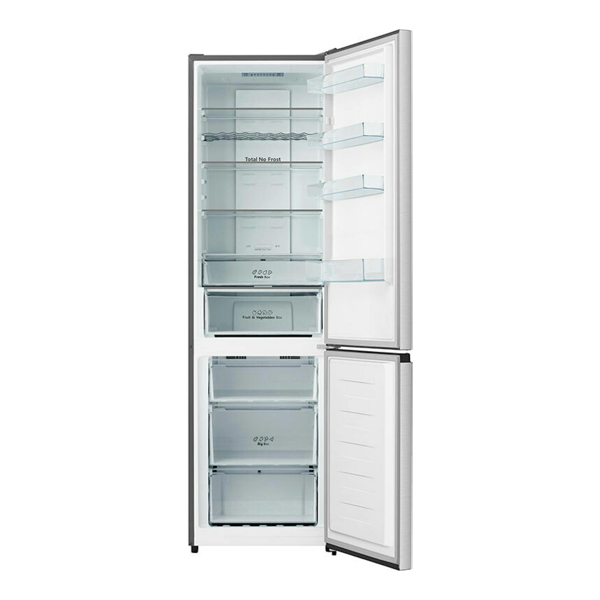 Frigorífico combi Hisense RB440N4BCE inox, vista frontal con ambas puertas abiertas y compartimentos visibles.