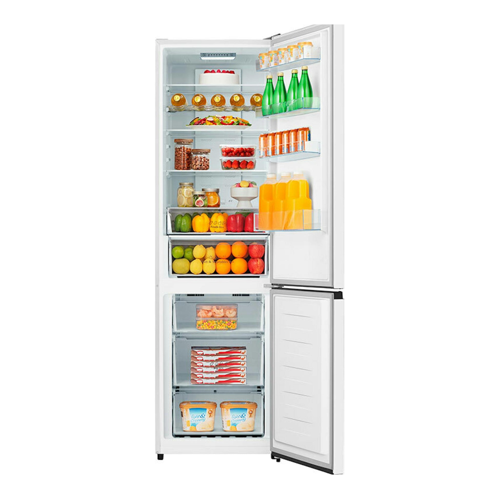 Frigorífico combi Hisense RB440N4BWE blanco, vista frontal con puertas abiertas y alimentos en el interior.