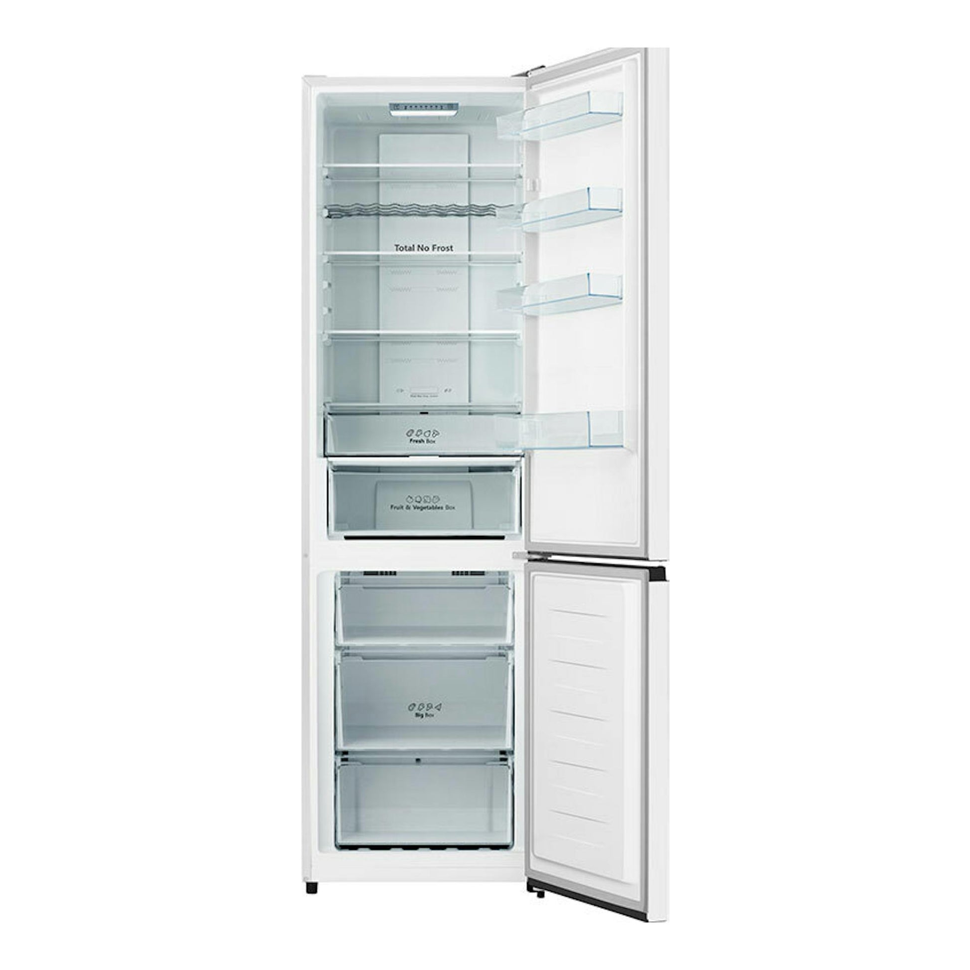 Frigorífico combi Hisense RB440N4BWE blanco, vista frontal con puertas abiertas e interior visible.