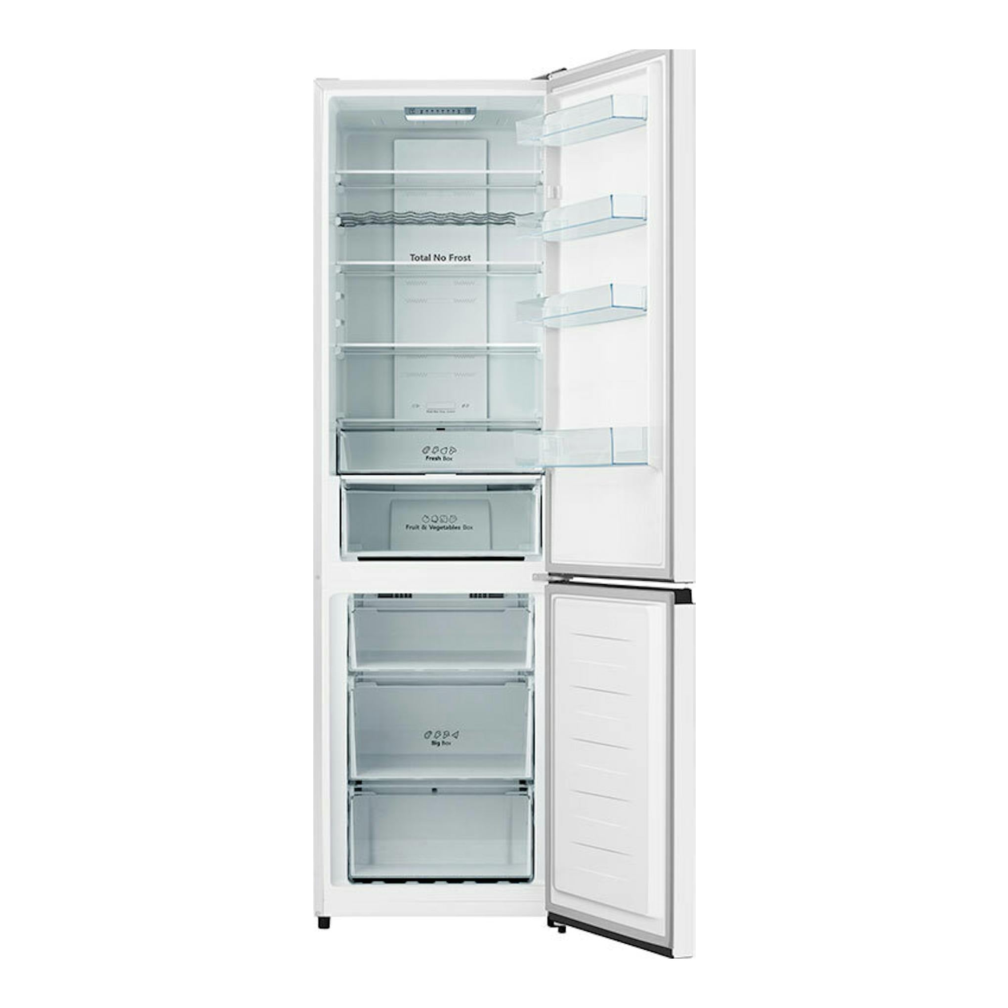 Frigorífico combi Hisense RB440N4BWE blanco, vista frontal con puertas abiertas e interior visible.