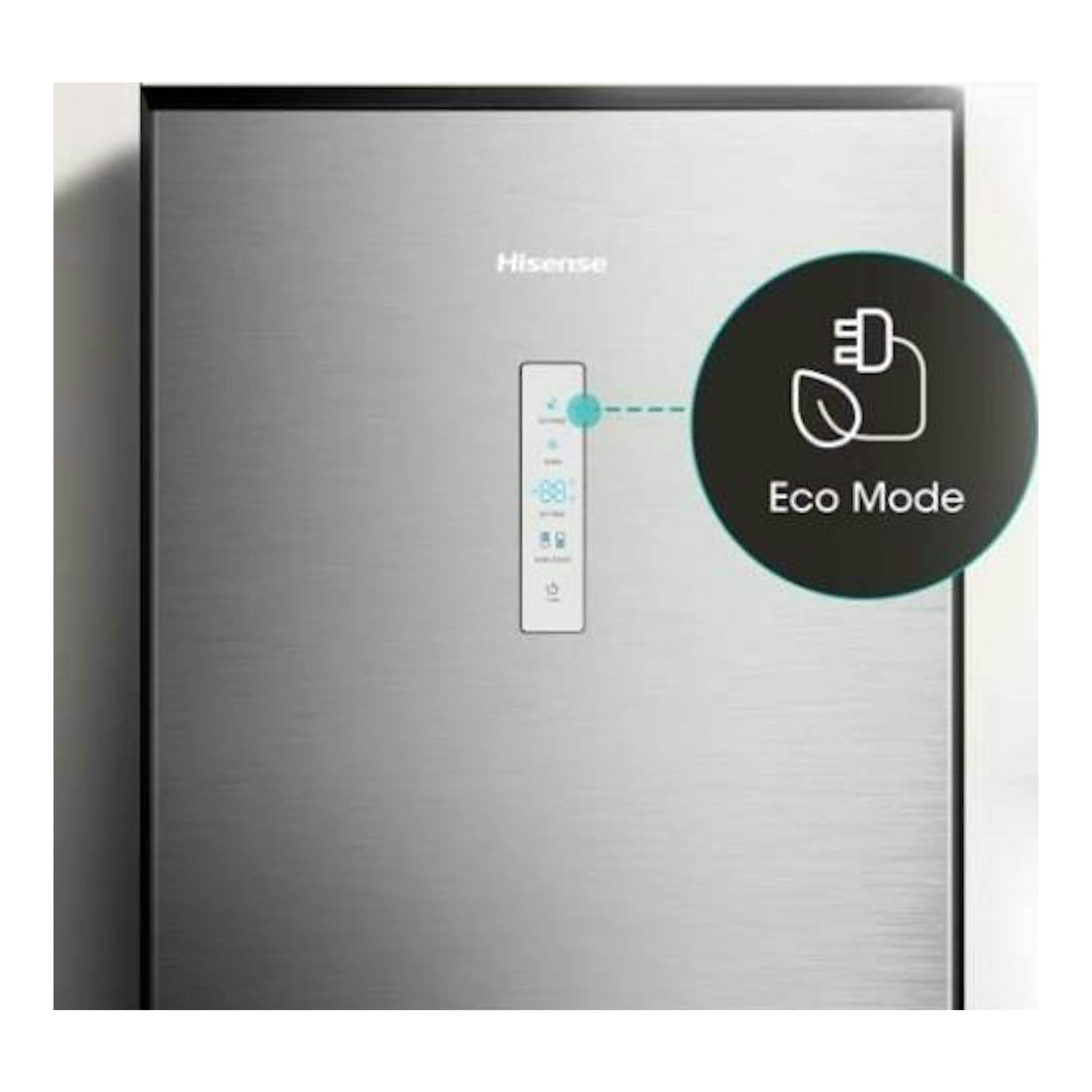 Frigorífico combi Hisense inox, vista frontal, con panel de control central y distintivo Eco Mode.