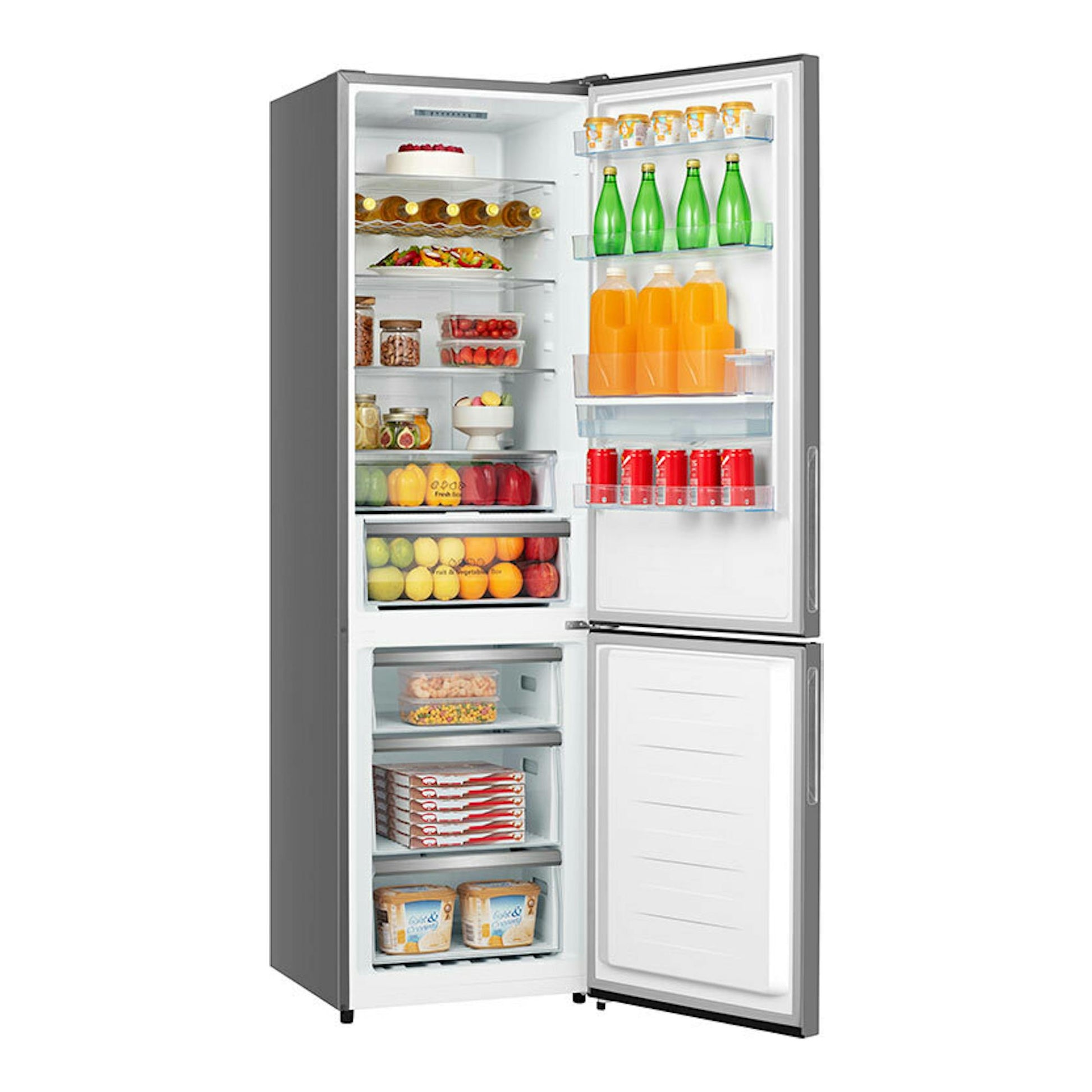 Frigorífico combi Hisense RB440N4GWD blanco, vista frontal con puertas abiertas y compartimentos visibles.