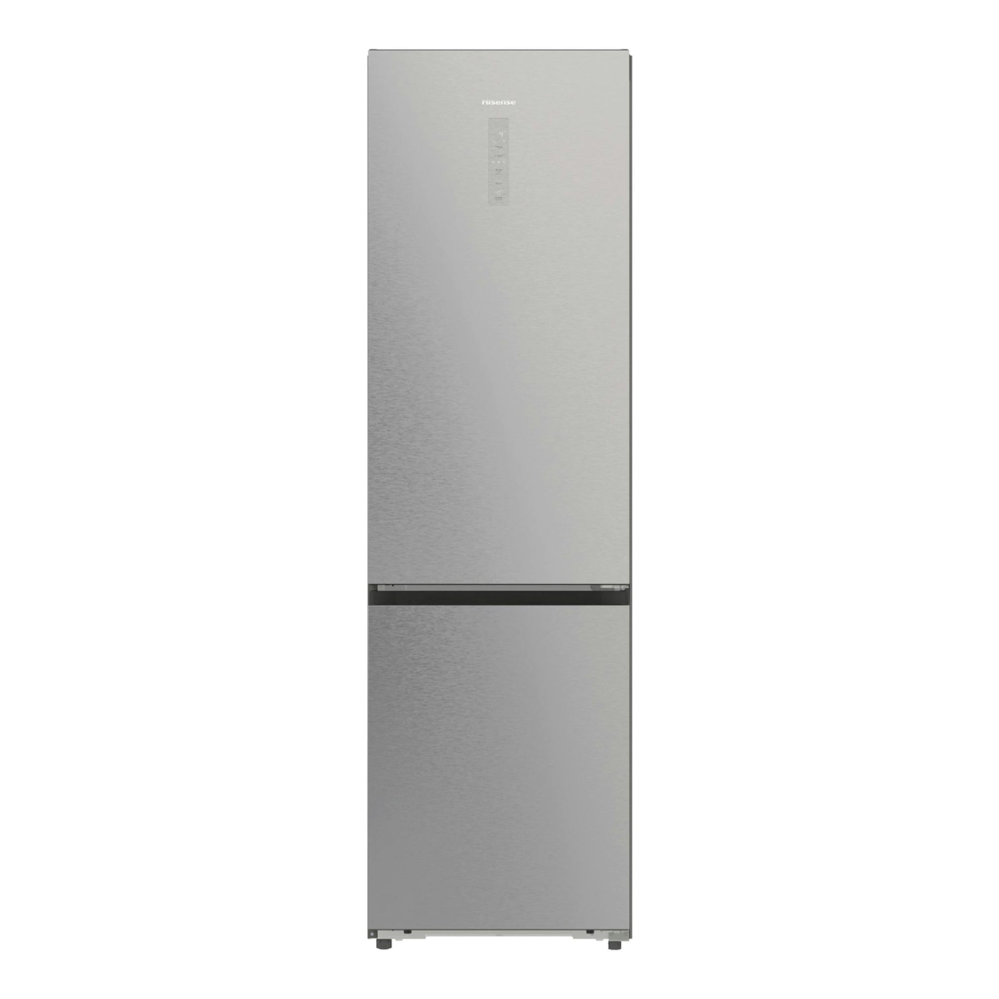 Frigorífico combi Hisense RB5P410SACA en inox, vista frontal, con panel central y puerta inferior.