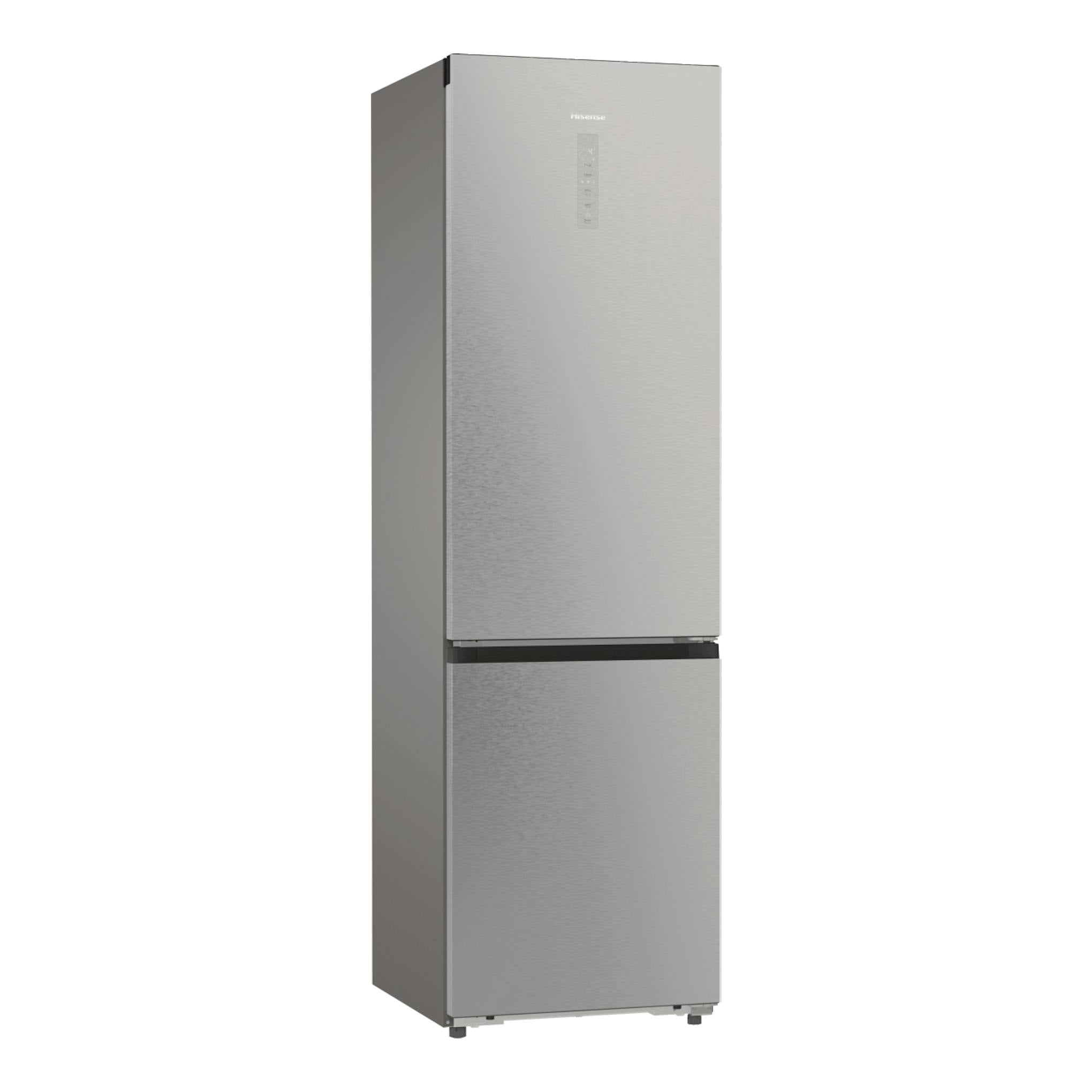Frigorífico combi Hisense RB5P410SACA, inox, vista frontal en ángulo con lateral izquierdo visible.