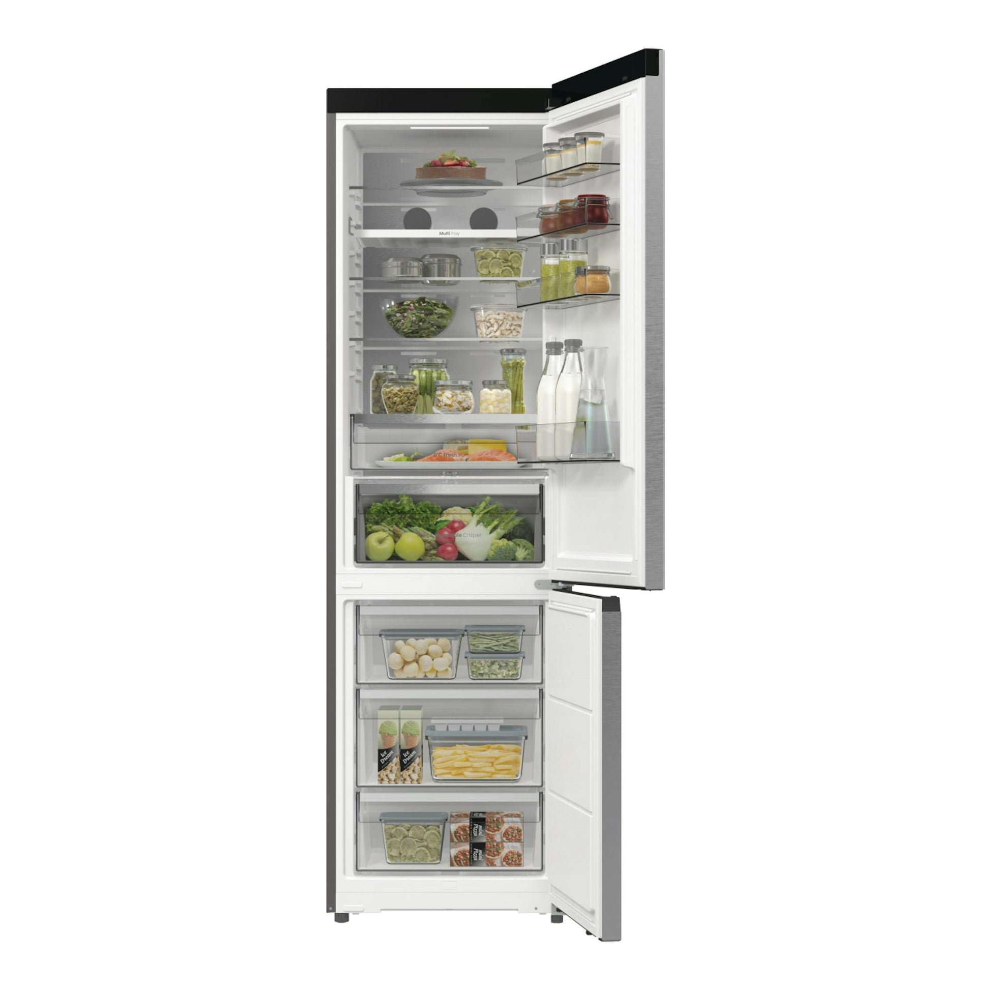 Frigorífico combi Hisense RB5P410SACA en vista frontal, puertas abiertas, blanco con laterales inox.
