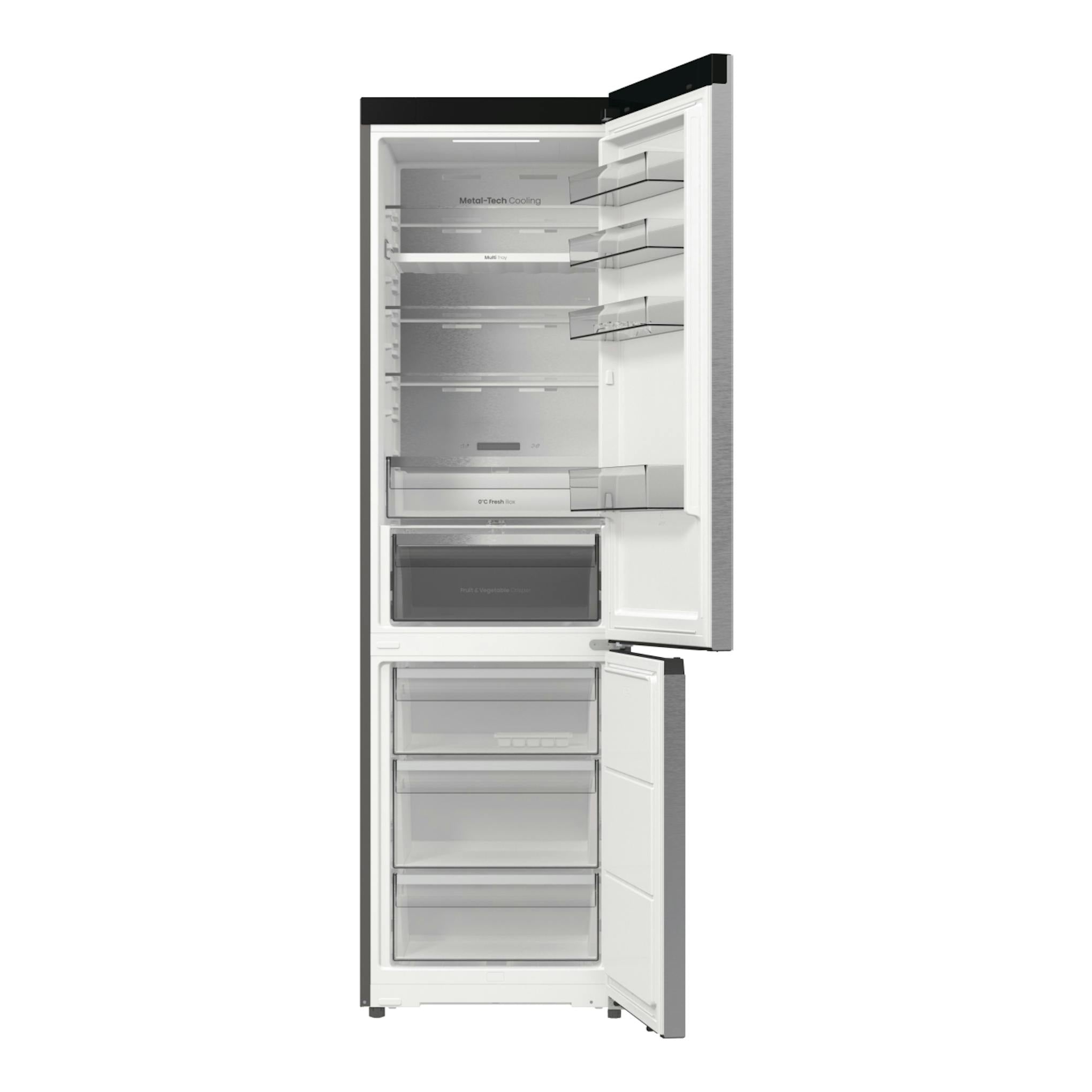 Frigorífico combi Hisense RB5P410SACA abierto, vista frontal, acabado inox y puertas blancas.