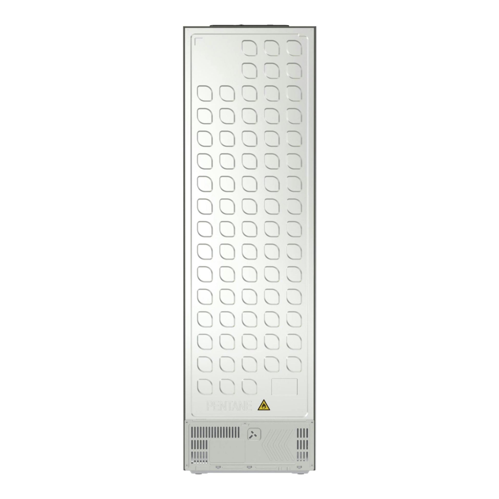 Trasera de frigorífico combi Hisense RB5P410SACA en color blanco, con panel metálico y rejillas inferiores.