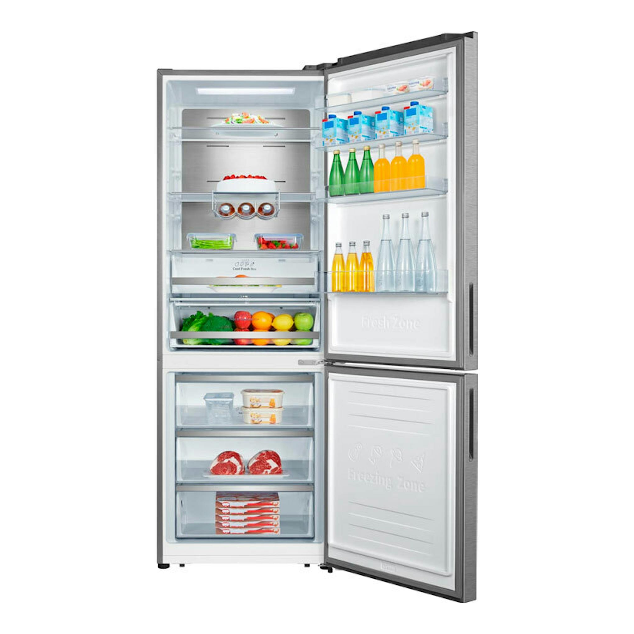 Frigorífico combi Hisense RB645N4BIC inox, vista frontal con puertas abiertas y compartimentos interior y congelador.