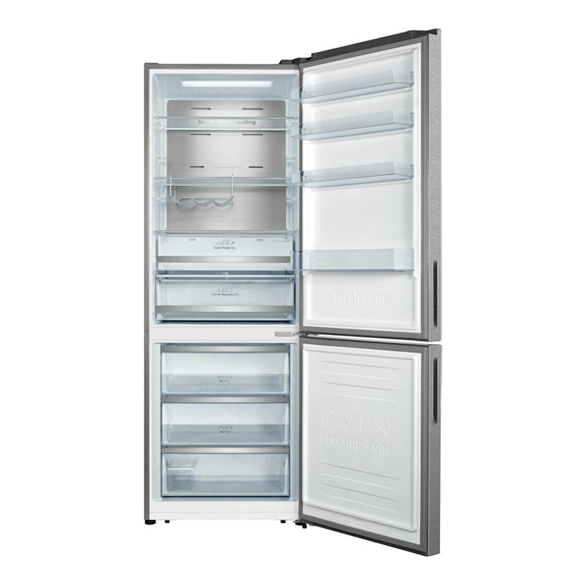 Frigorífico combi Hisense RB645N4BIC inox, vista frontal con puertas abiertas y compartimentos interiores.