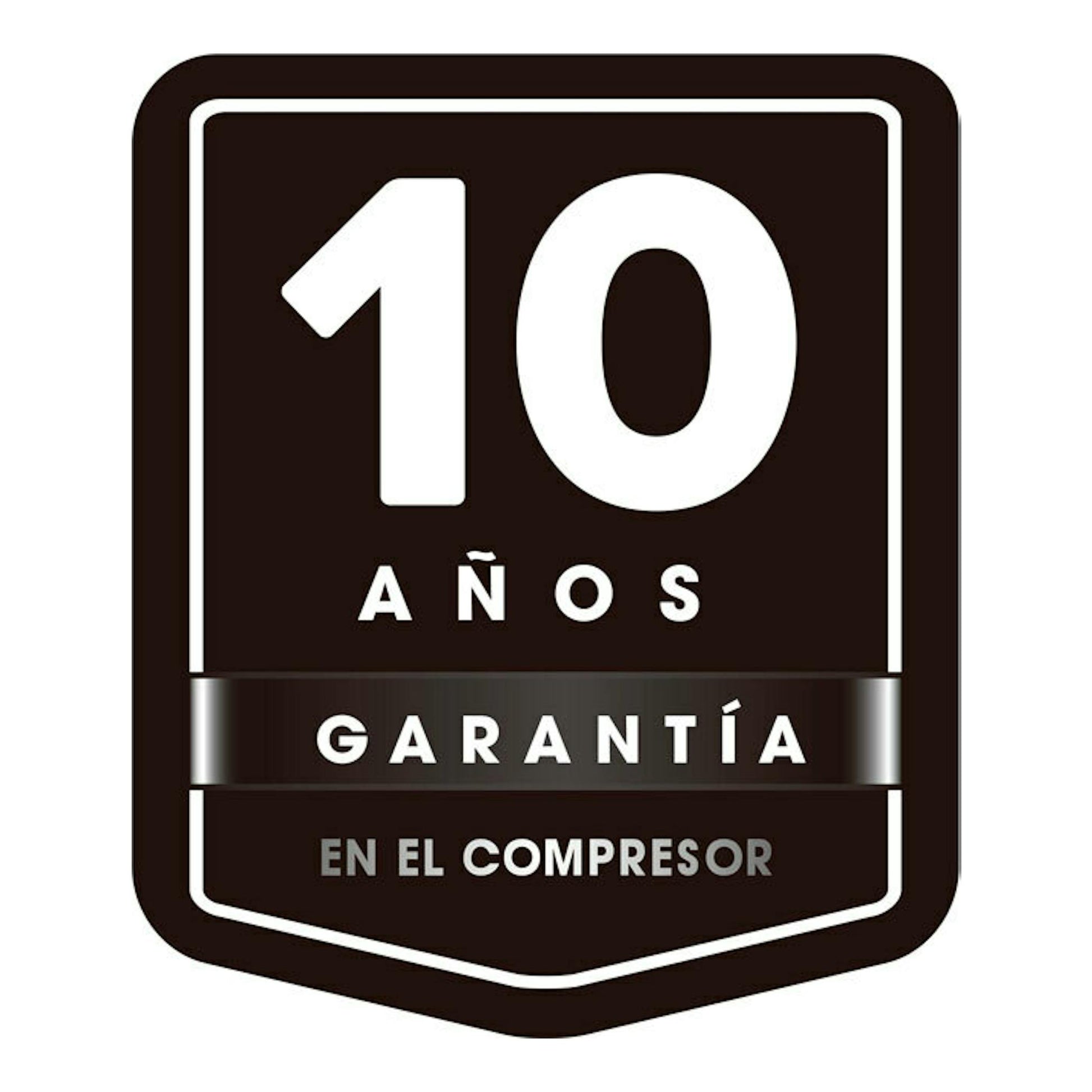 Sello negro y blanco con el texto «10 años garantía en el compresor».