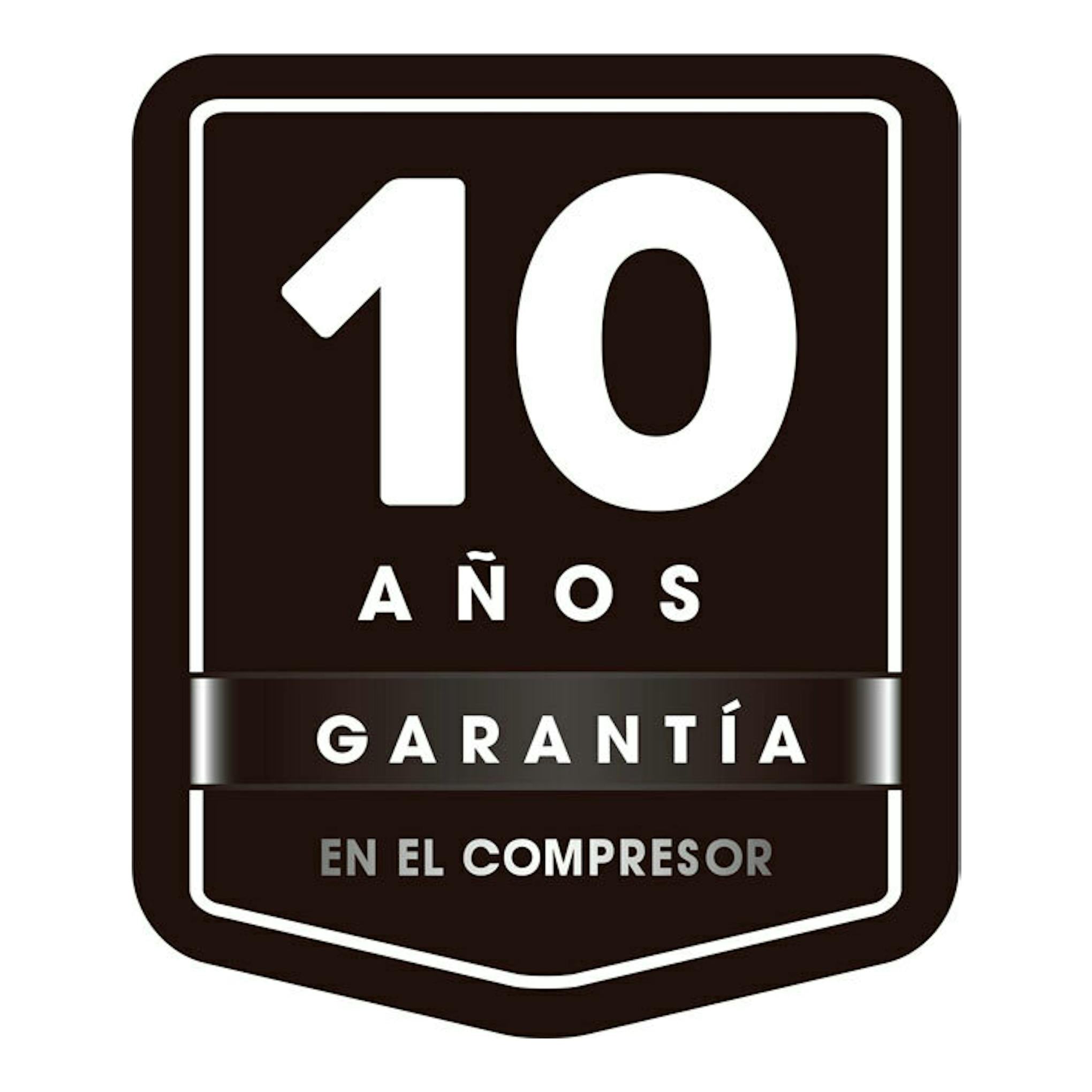 Sello negro y blanco con el texto «10 años garantía en el compresor».