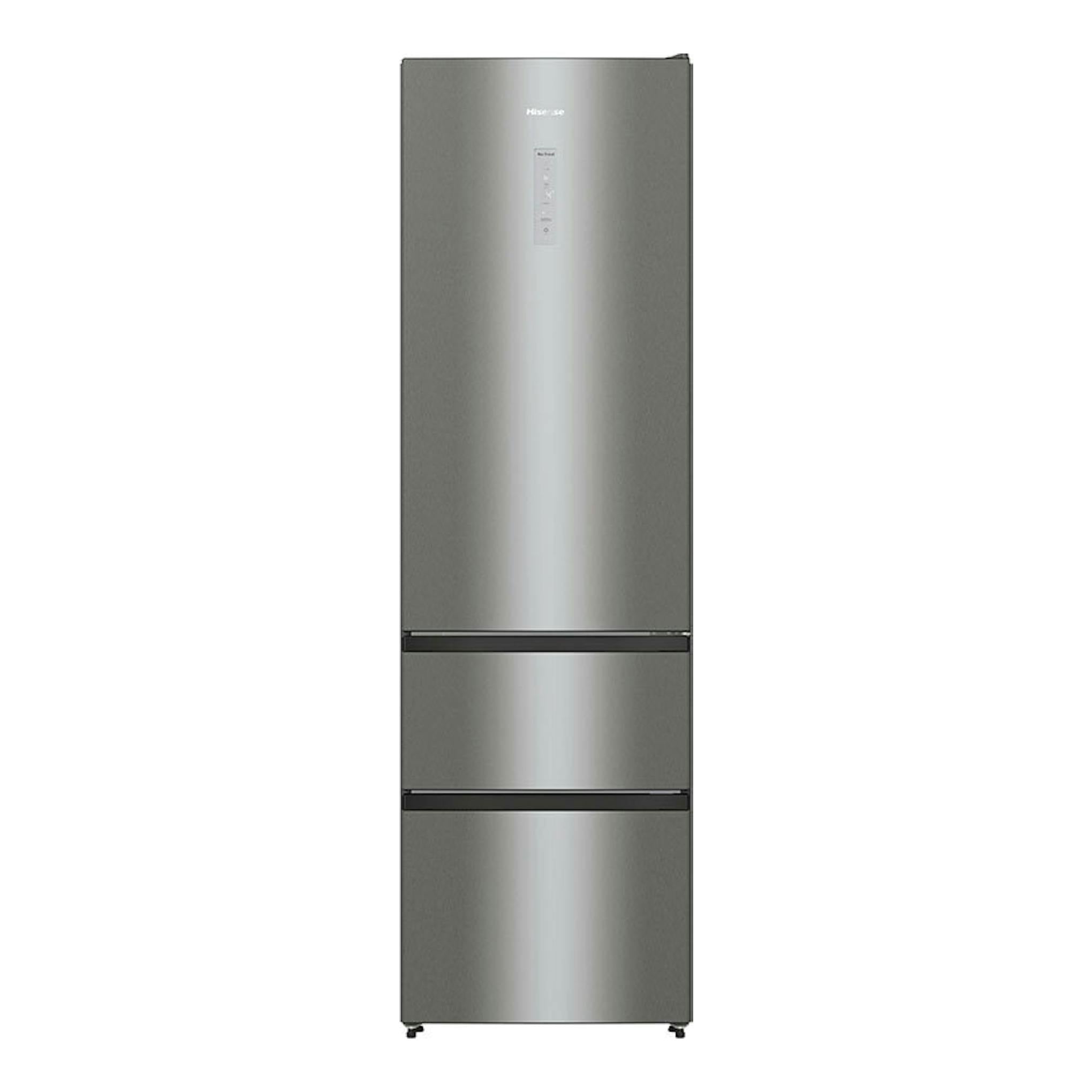 Frigorífico combi Hisense RM469N4ACD inox, vista frontal, con puertas en acabado acero inoxidable.