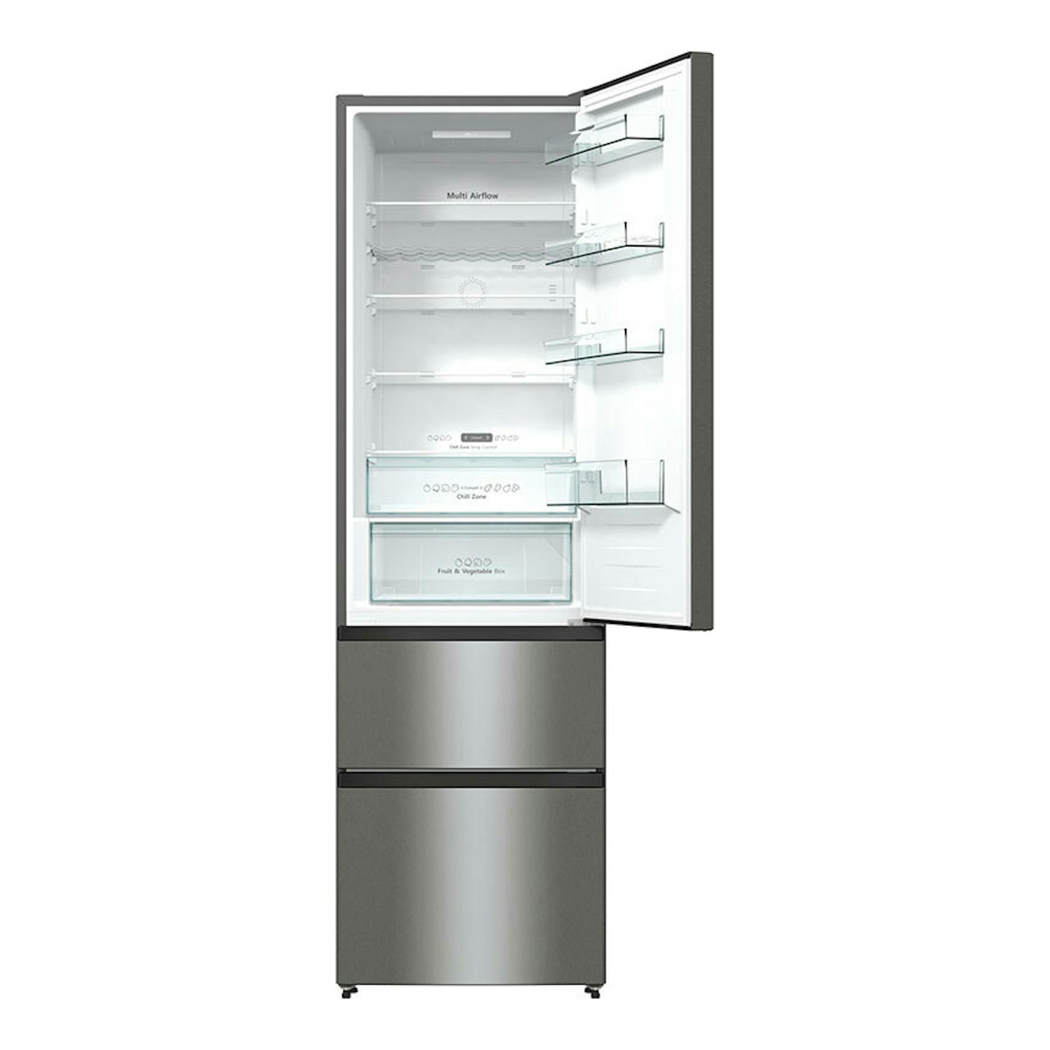 Frigorífico combi Hisense RM469N4ACD inox, vista frontal con puerta superior abierta e interior visible.