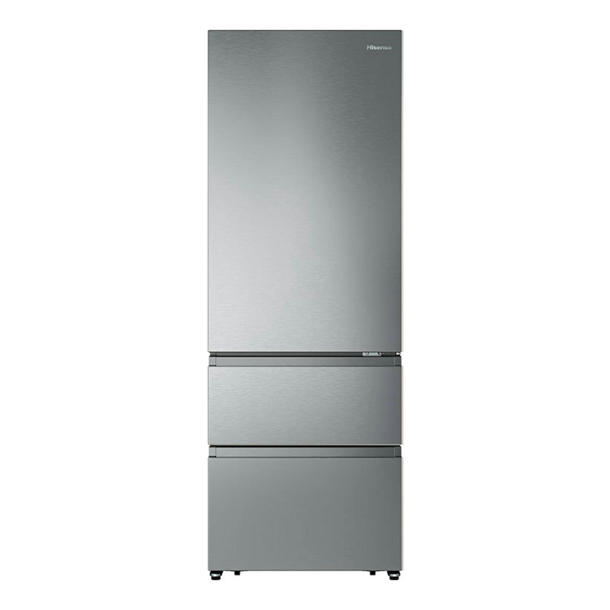 Frigorífico combi Hisense RT641N4AIE inox, vista frontal, acabado acero inoxidable, tres puertas.