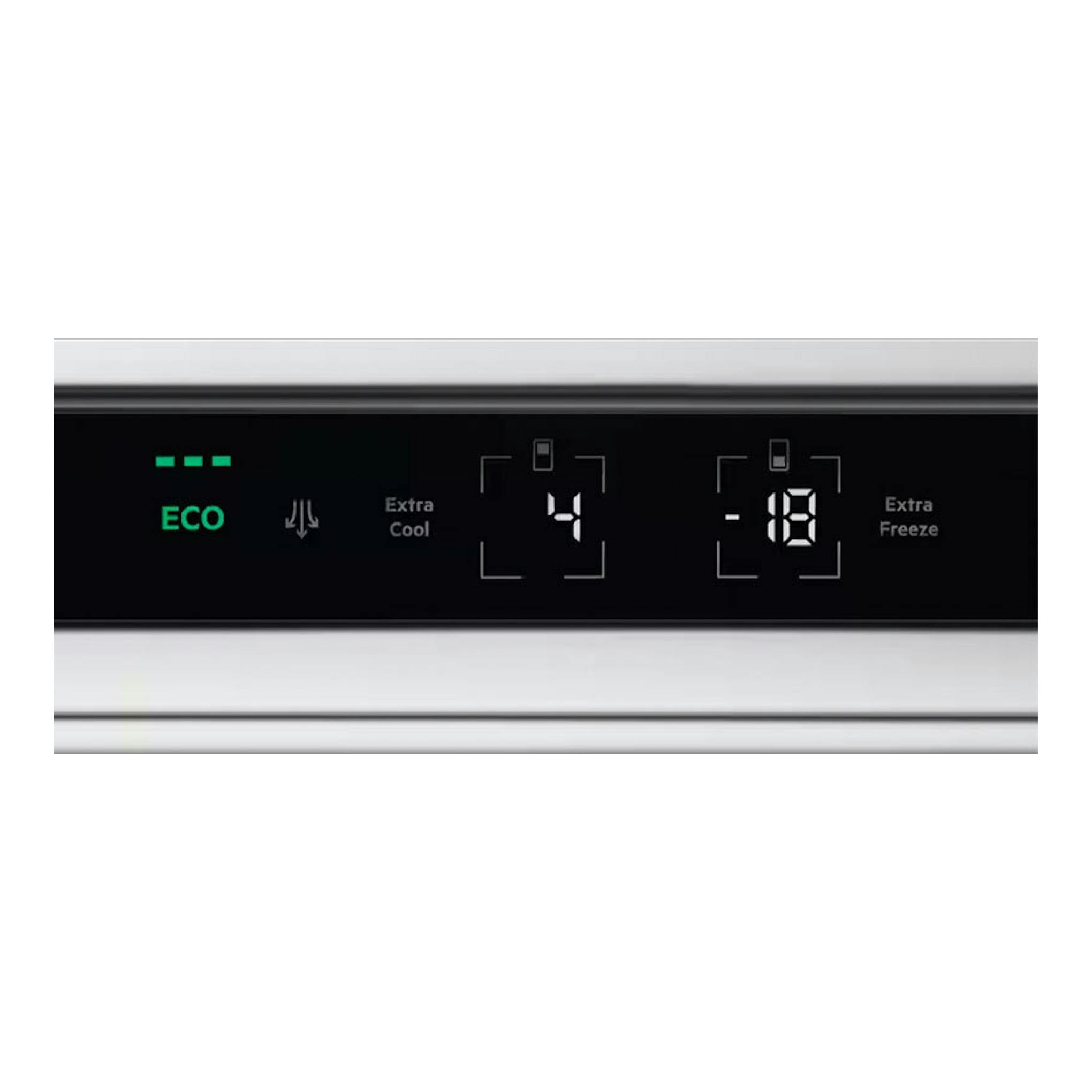 Primer plano del panel negro de AEG NSC7P751ES con ECO y temperaturas 4 y -18.