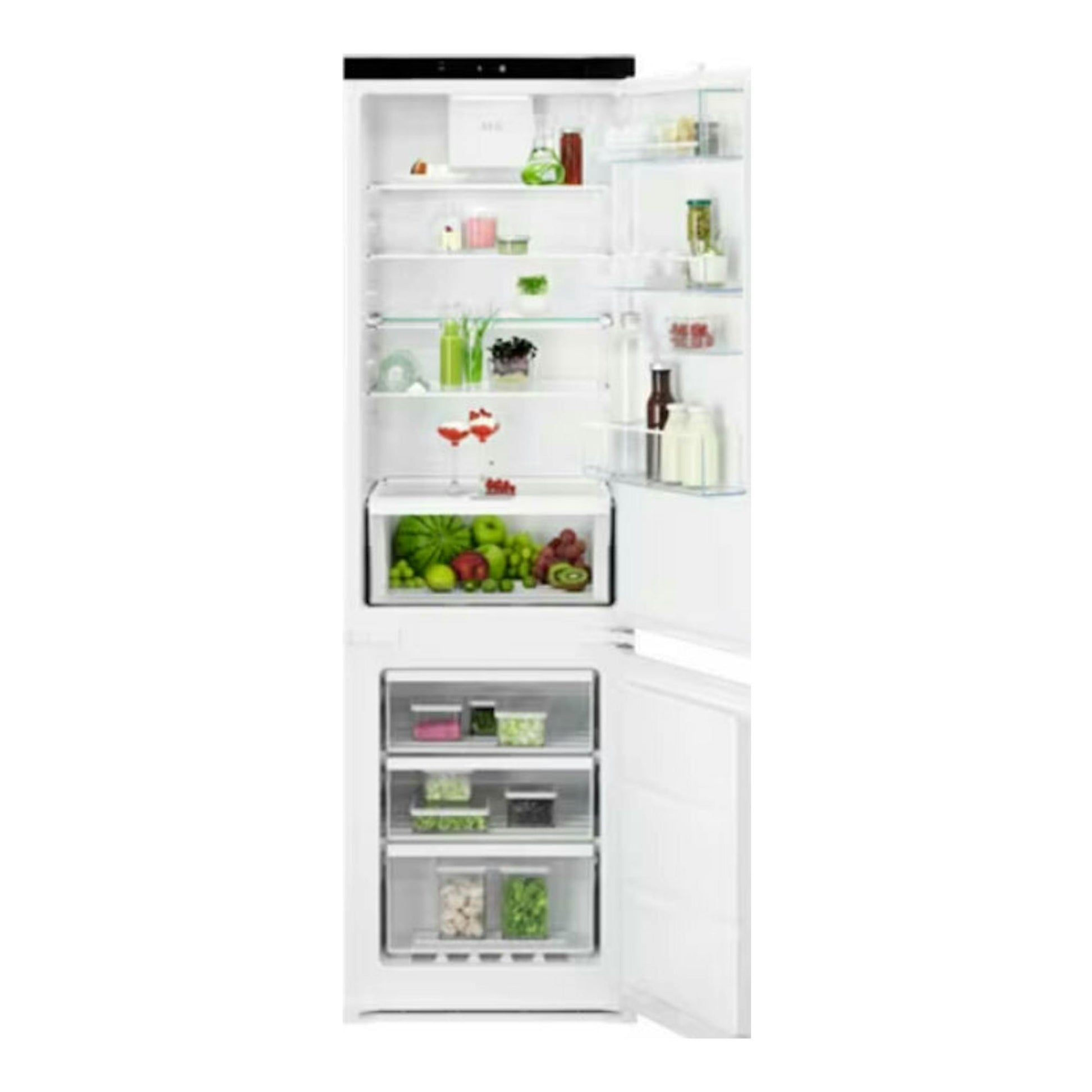 Frigorífico combi integrable AEG OSC7G181ES, blanco, con puerta abierta y compartimentos visibles.