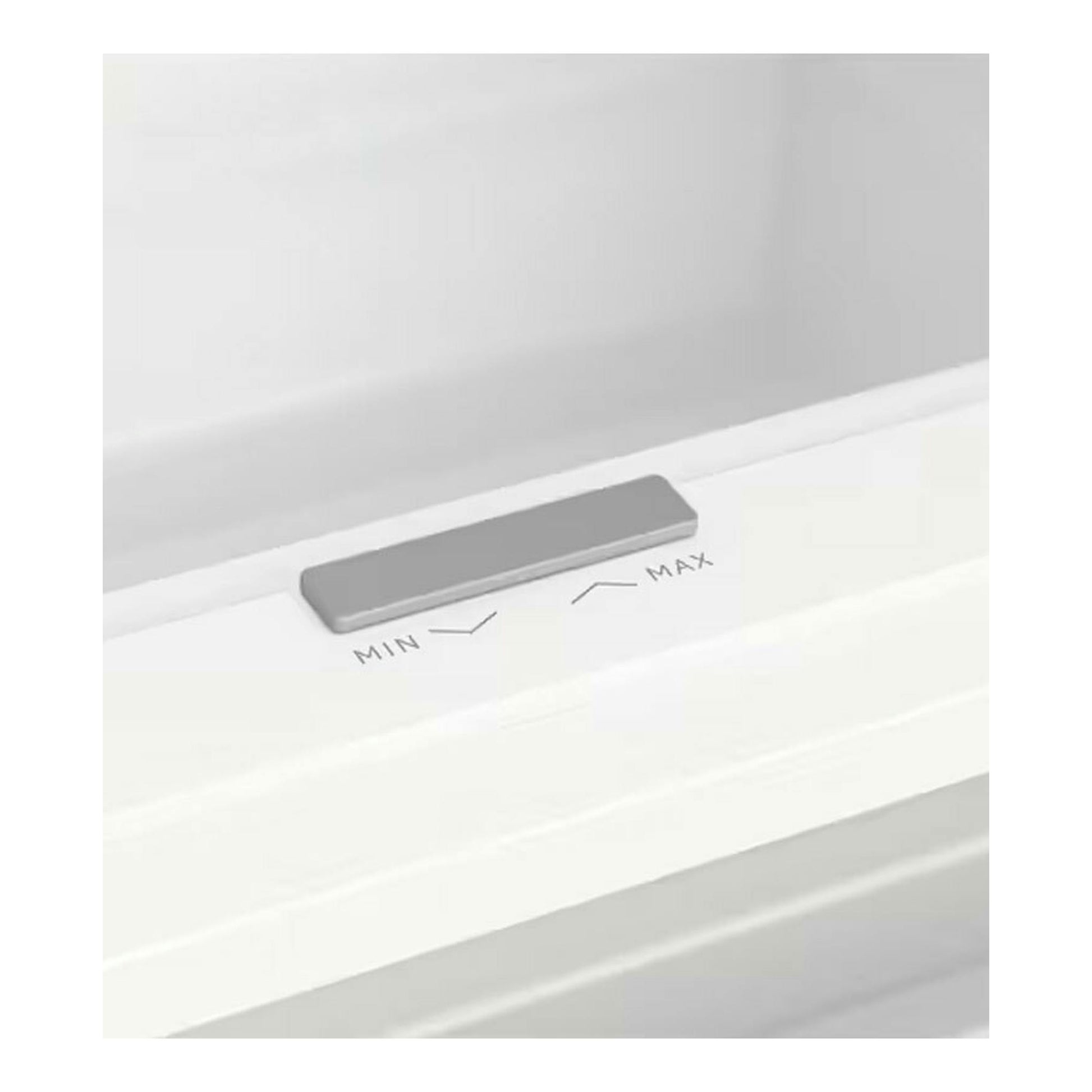 AEG OSC7G181ES, primer plano del control deslizante blanco del frigorífico con marcas MIN y MAX.