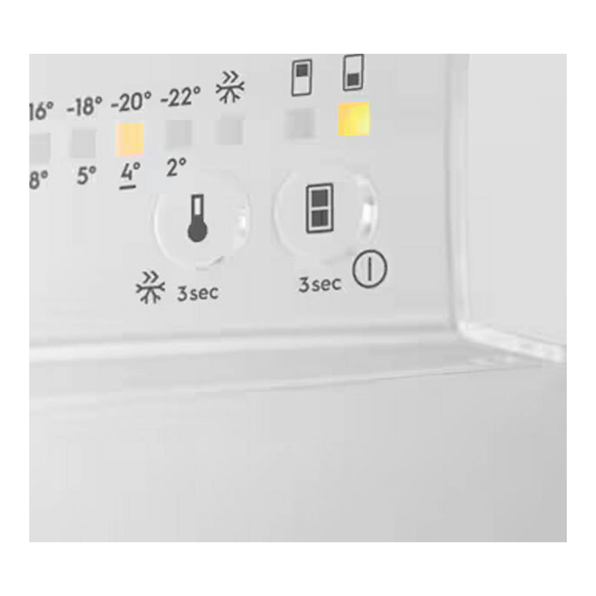 Panel de control blanco de un frigorífico AEG SCB618E6TS, vista frontal con temperaturas y botones.