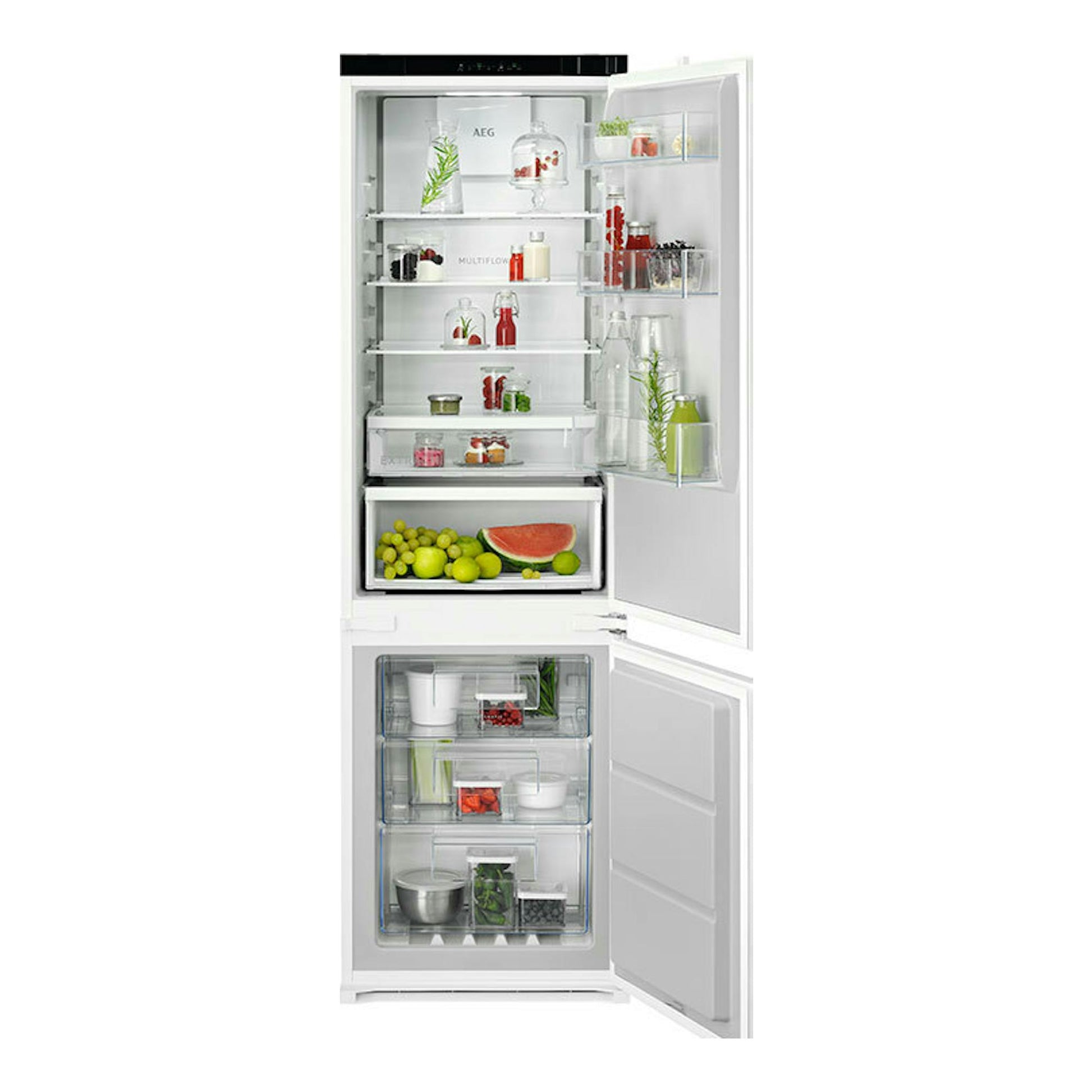 Frigorífico combi integrable AEG TC6MS18FDS, blanco, vista frontal con puertas abiertas y compartimentos visibles.