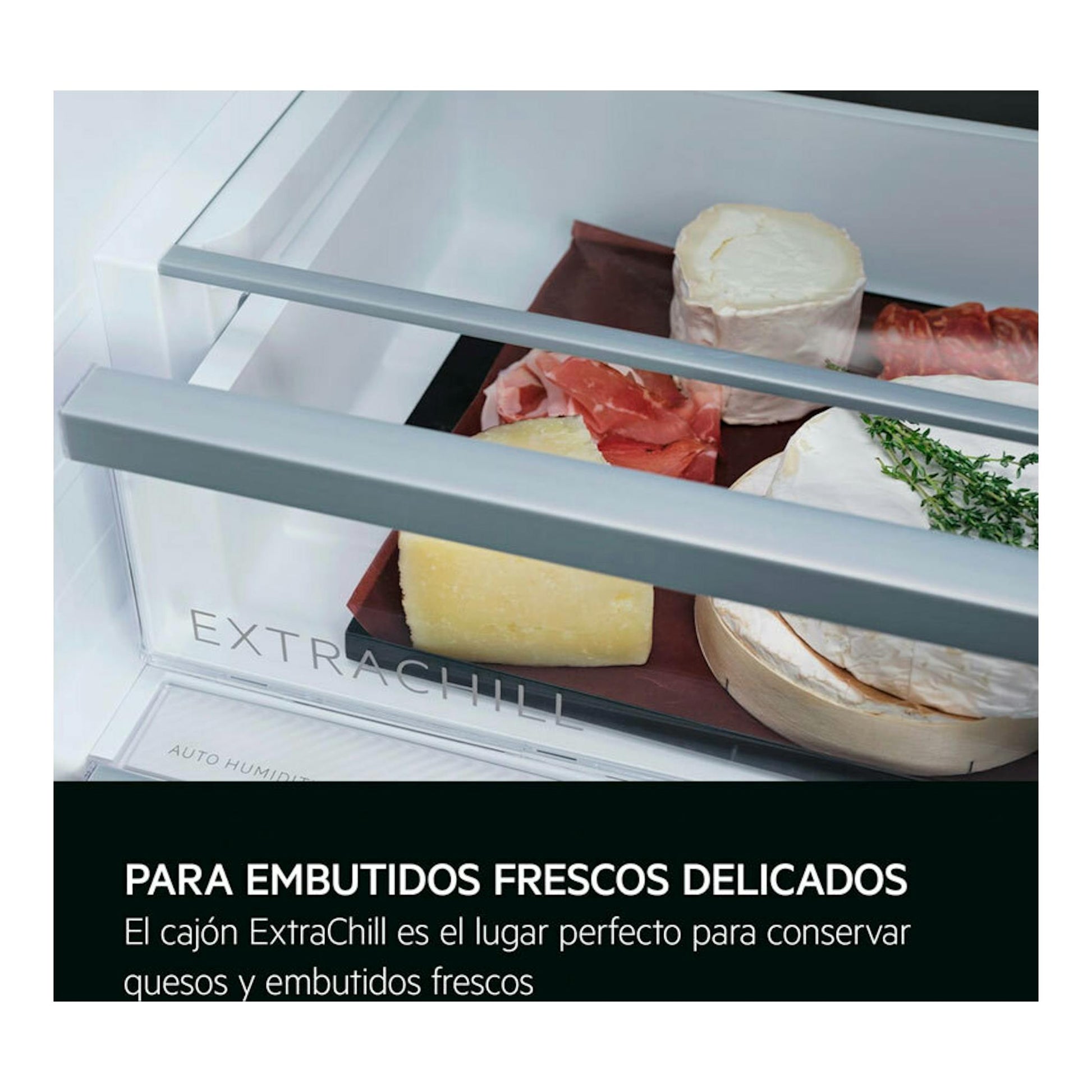 Cajón ExtraChill de frigorífico AEG TC6MS18FDS con quesos y embutidos, vista frontal inclinada.