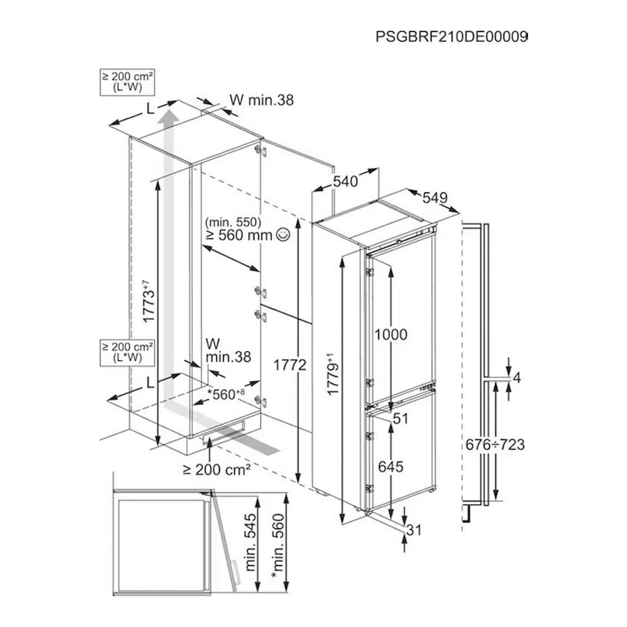 AEG TC6MS18FDS: esquema de instalación de frigorífico combi integrable, vistas frontal y lateral con medidas.