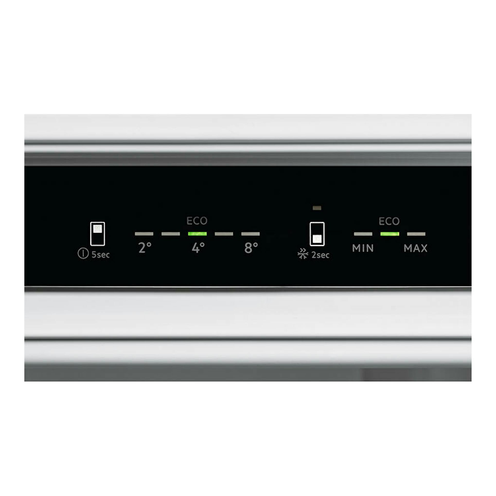 Panel de control negro de frigorífico integrable AEG TC6MS18FDS, vista frontal con indicadores ECO y temperaturas.