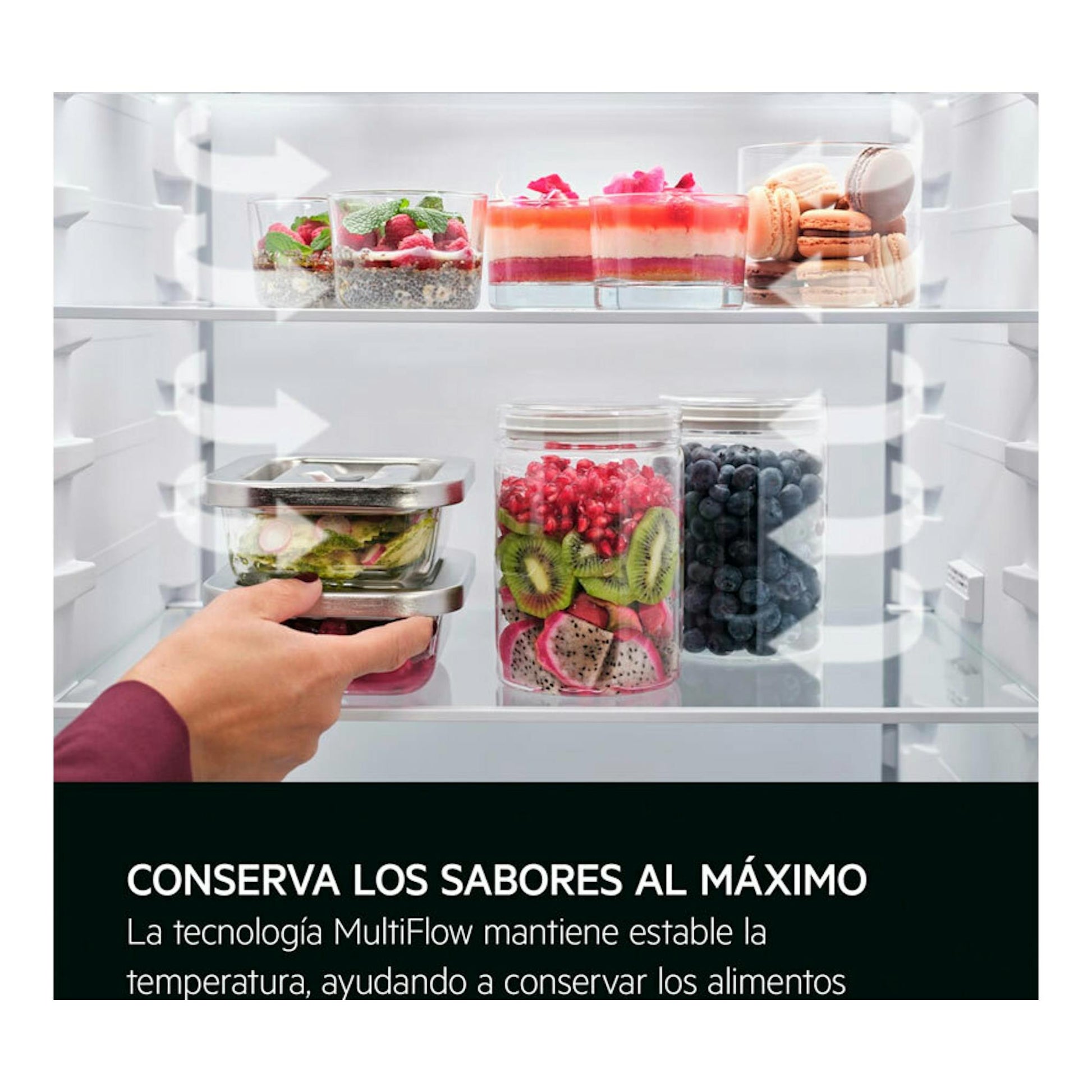 AEG TC6MS18FDS: interior de frigorífico combi blanco con tarros de fruta y mano colocando un recipiente.