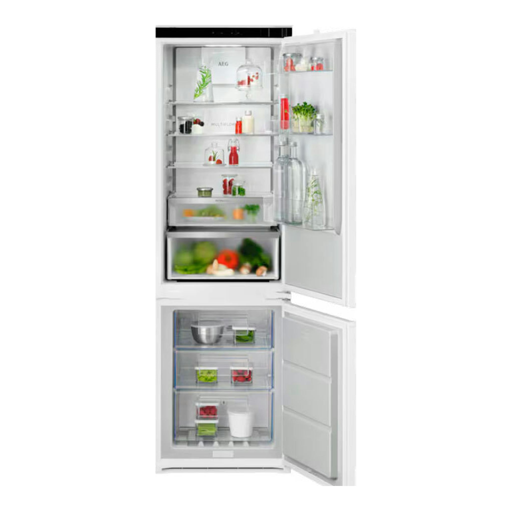 Frigorífico combi integrable AEG TC7CS181ES, vista frontal con puertas abiertas, blanco, nevera arriba y congelador abajo.