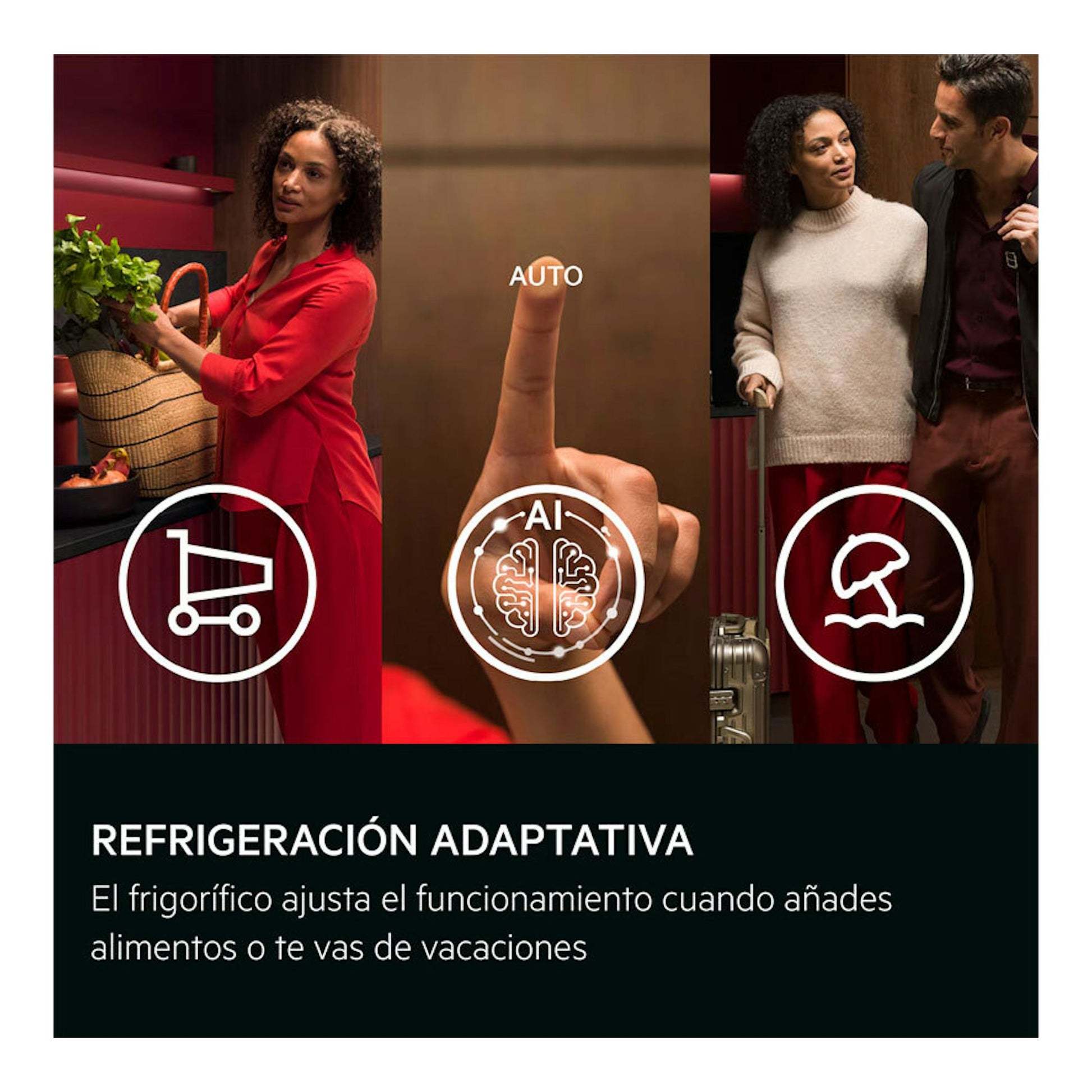 AEG TC7CS181ES: imagen promocional de refrigeración adaptativa con tres escenas, iconos y texto sobre fondo rojo y negro.