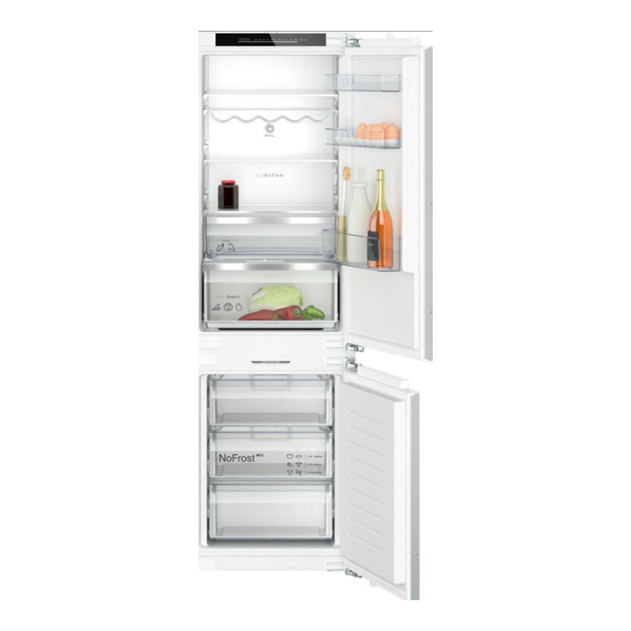 Frigorífico combi integrable Balay 3KID767F, vista frontal con puertas abiertas, interior blanco.