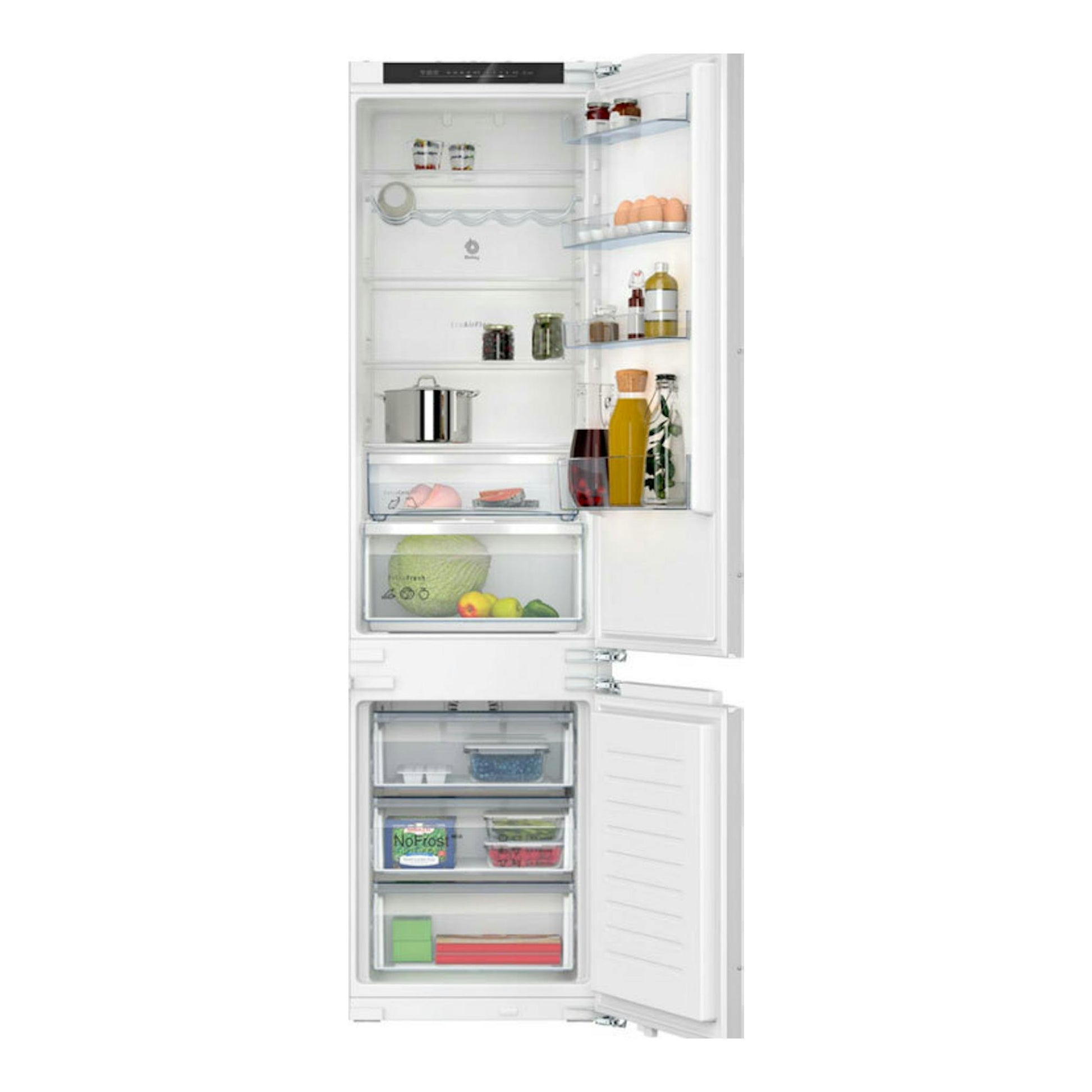 Frigorífico combi integrable Balay 3KID834F, blanco, vista frontal con puertas abiertas.