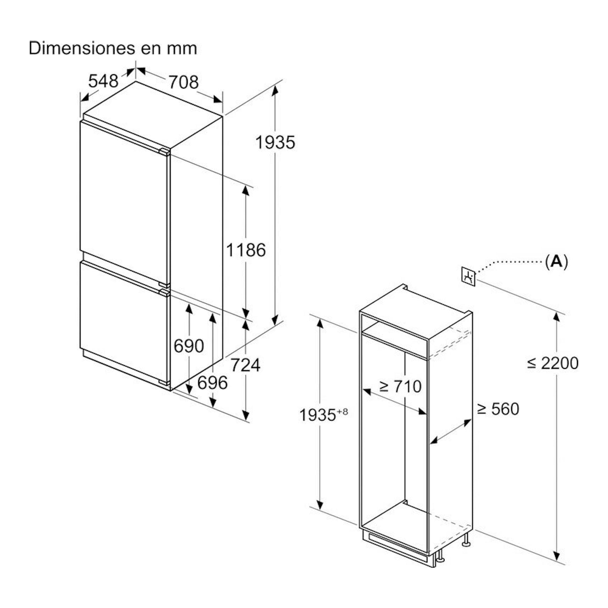 Esquema técnico del frigorífico combi integrable Balay 3KID967F, vista isométrica con medidas en mm.