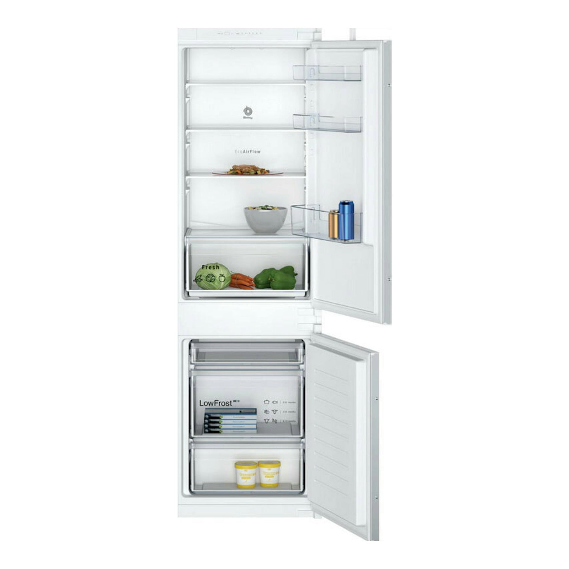 Frigorífico combi integrable Balay 3KIE711S blanco, vista frontal con puertas abiertas y compartimentos.
