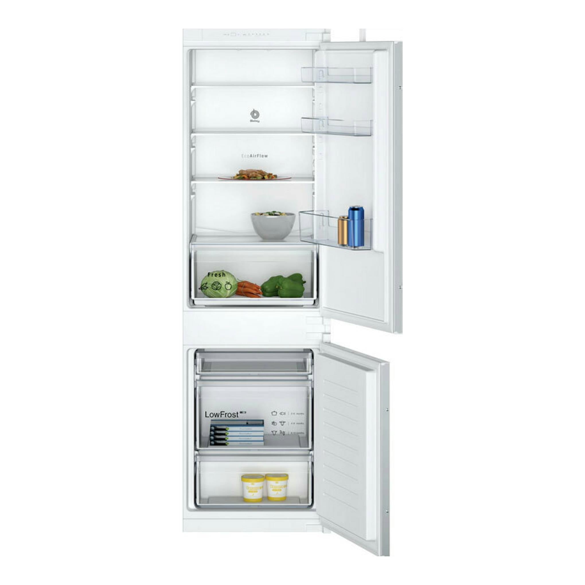 Frigorífico combi integrable Balay 3KIE711S blanco, vista frontal con puertas abiertas y compartimentos.