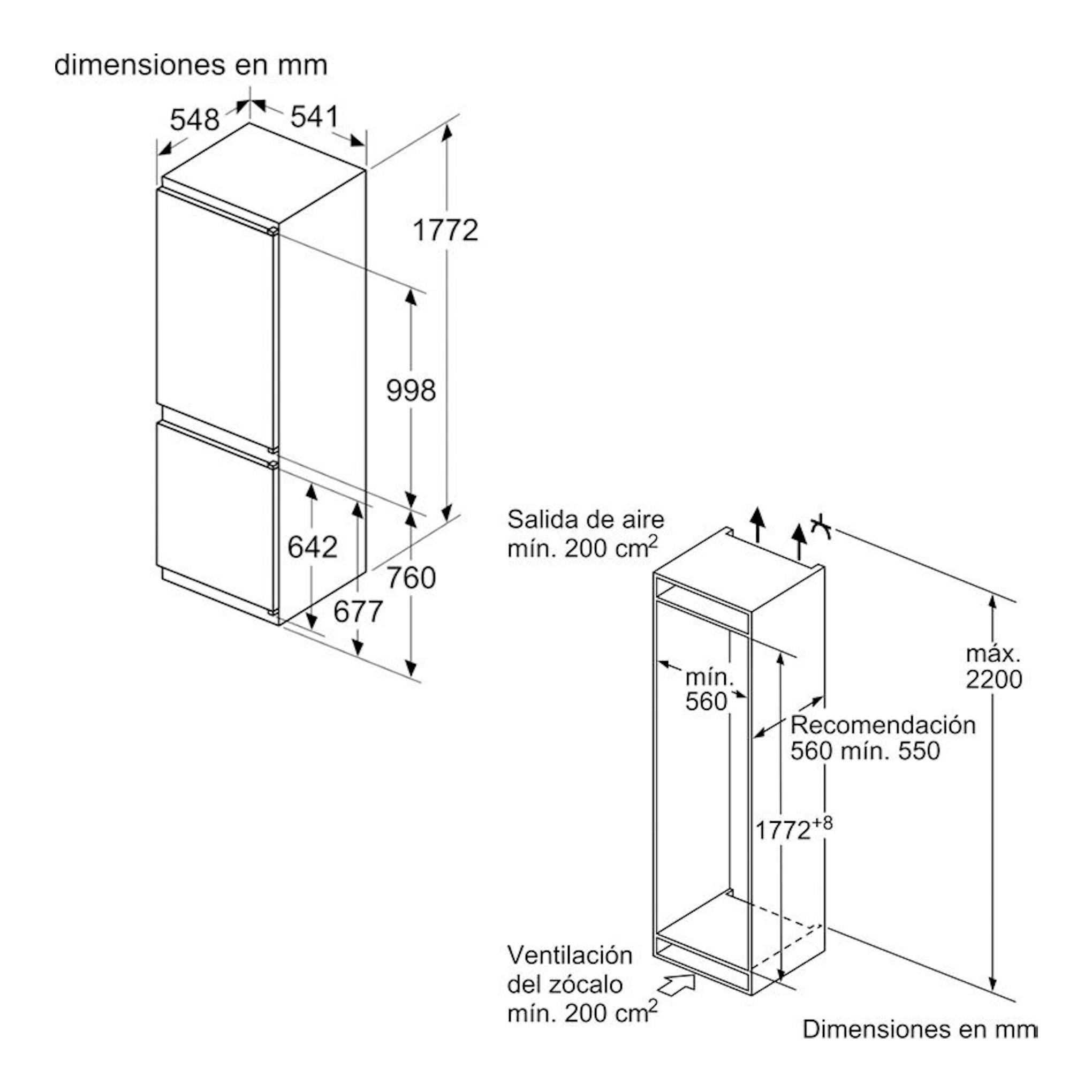 Esquema técnico del frigorífico combi integrable Balay 3KIE711S, vista isométrica con medidas en mm.
