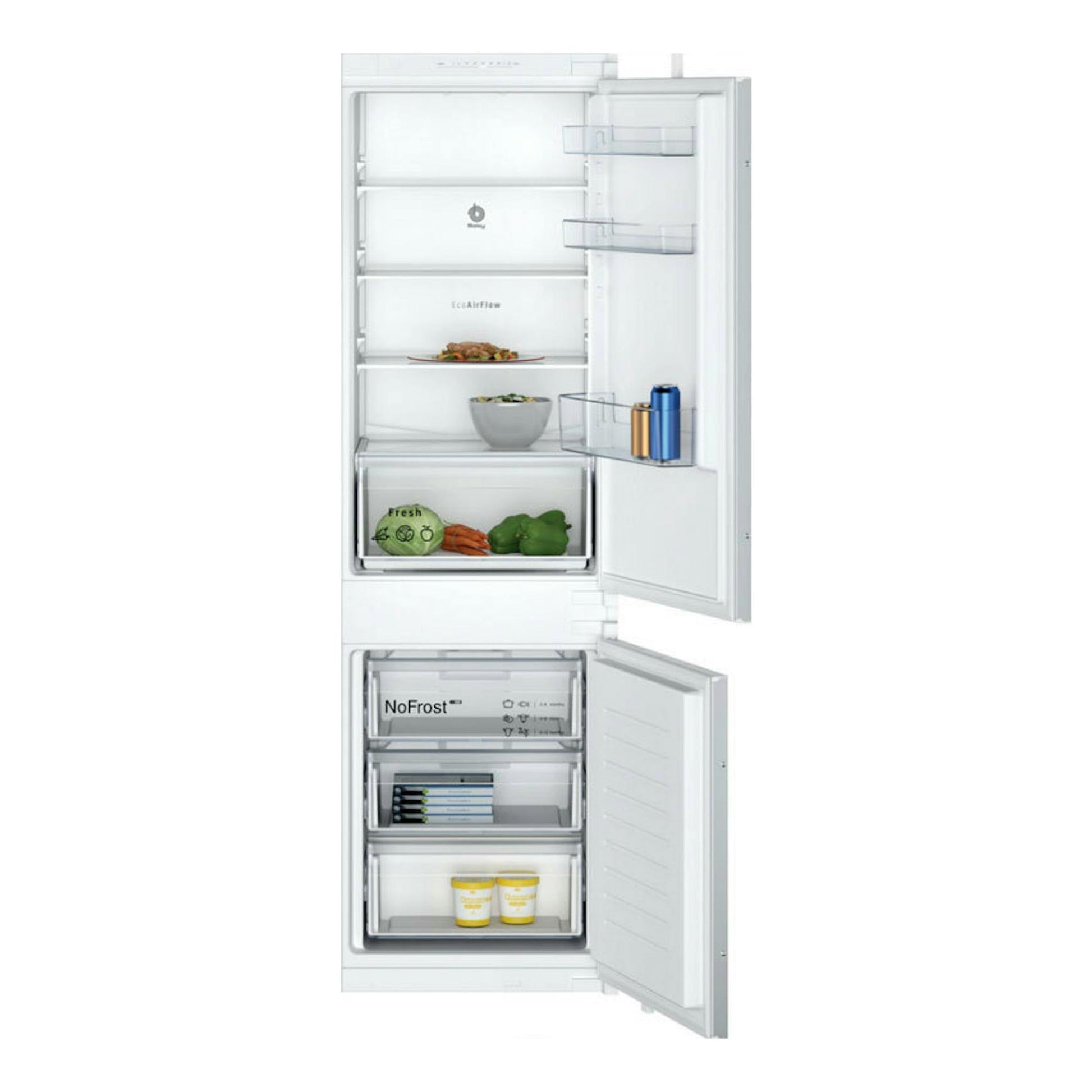 Frigorífico combi integrable Balay 3KIE712F, vista frontal abierta, blanco, con estantes y cajones visibles.