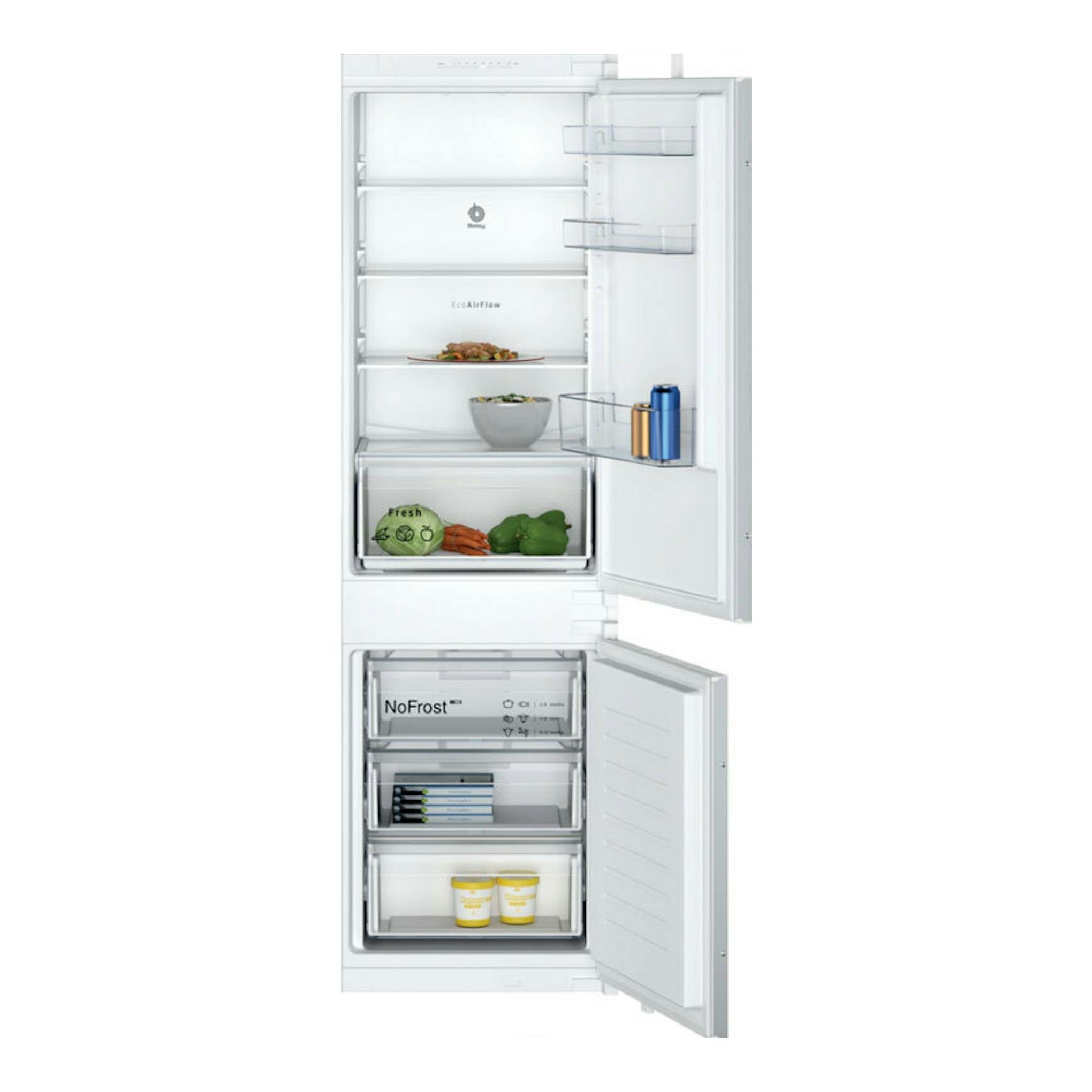 Frigorífico combi integrable Balay 3KIE712F, vista frontal abierta, blanco, con estantes y cajones visibles.