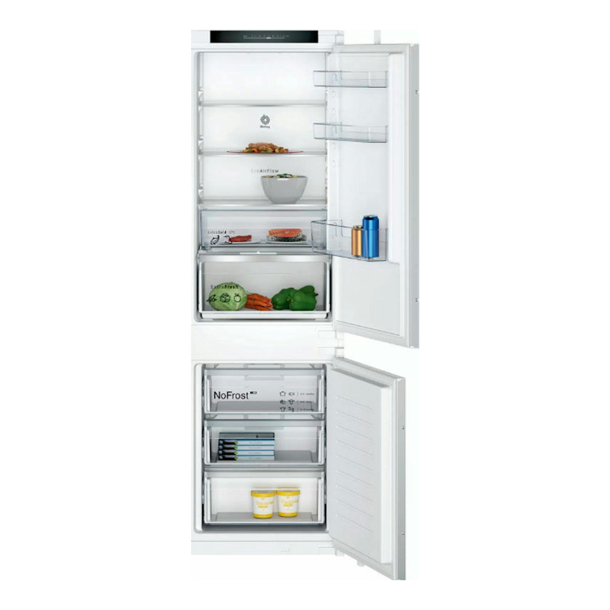 Frigorífico combi integrable Balay 3KIE734F blanco, vista frontal con puertas abiertas e interior visible.